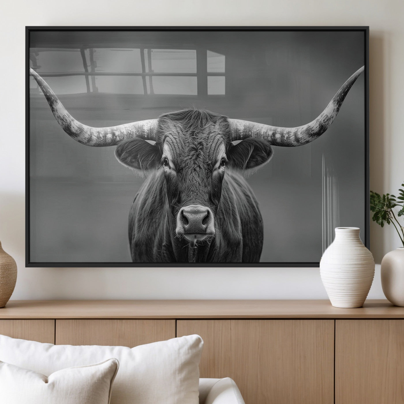 81228550-MGV-FP-36X24-3P_Black-Framed Texas Longhorn Bull Art Canvas Print, Western Bull Wall Art Print, Long Horn Bull Photo Print for Log Cabin, Large Bull