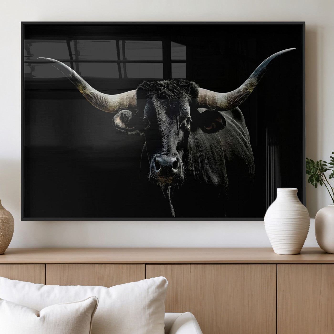 37531960-MGV-FP-36X24-3P_Black-Black Longhorn Bull Wall Art – Dramatic Western Cattle Canvas Print, Rustic Farmhouse Animal Artwork for Living Room, Bedroom,