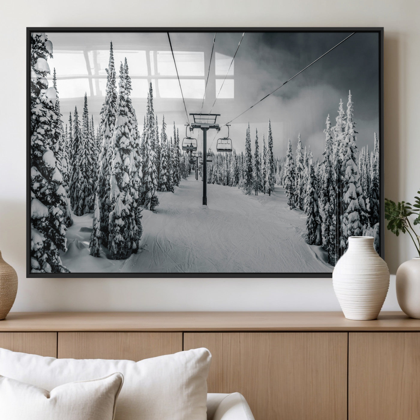 31156828-MGV-FP-60X30-3P_Black-Snowy Pines Wall Art Canvas Print, Framed Ski Lift Art Picture Print, Winter Forest Perfect Moody Lodge Decor Artwork