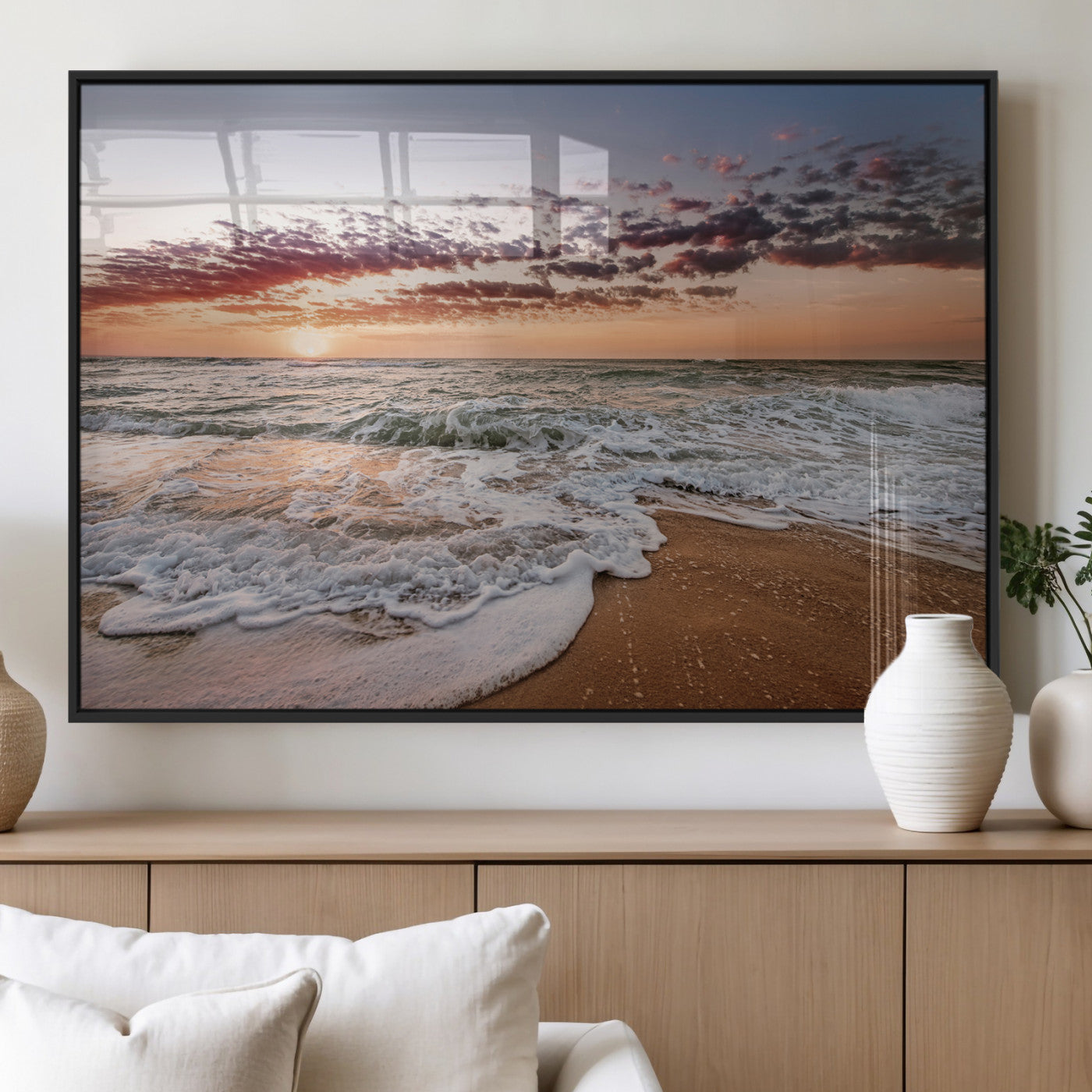 39846389-MGV-FP-36X24-3P_Black-Ocean Sunset Wall Art Canvas Print, Framed Sandy Shore Art Picture Print, Gentle Waves Perfect Minimalist Coastal Decor Artwork