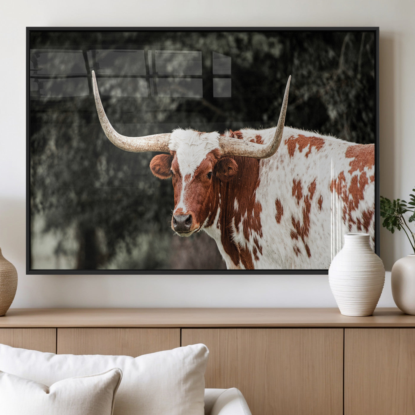 54027638-MGV-FP-36X24-3P_Black-Texas Longhorn Wall Art Canvas Print, Framed Spotted Cow Art Picture Print, Horned Bull Perfect Rustic Western Decor Artwork