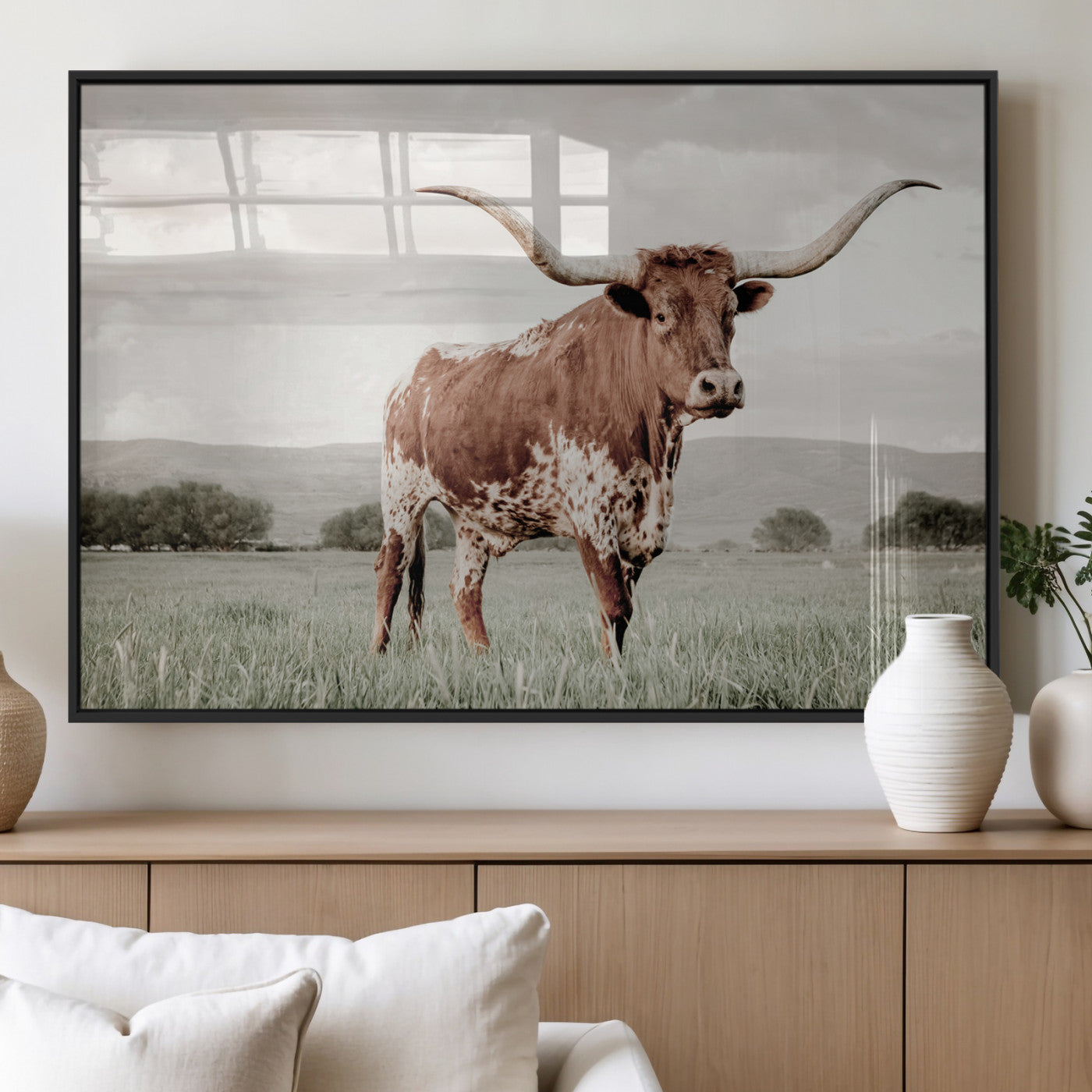 28309012-MGV-FP-36X24-3P_Black-Texas Longhorn Wall Art Canvas Print, Framed Spotted Cattle Art Picture Print, Horned Bull Perfect Rustic Western Decor Artwork