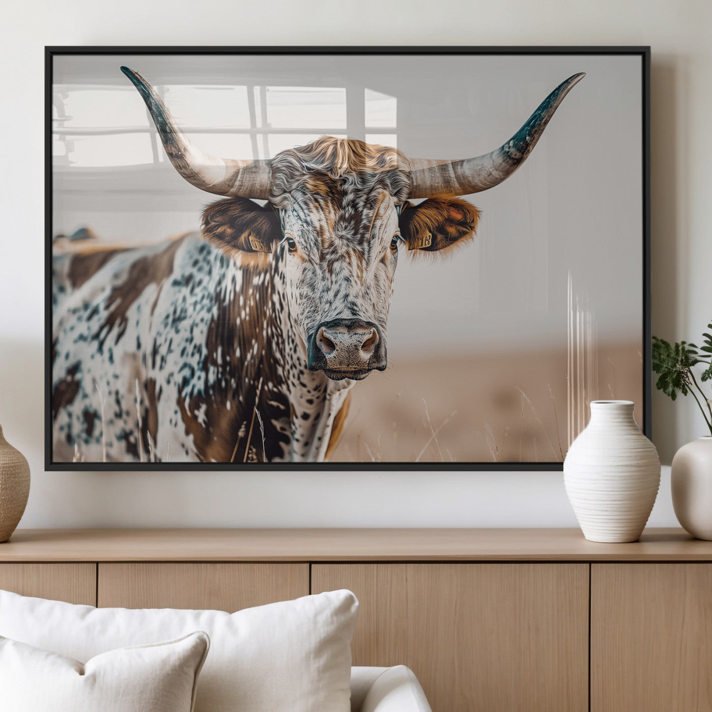 70414966-MGV-FP-36X24-3P_Black-Texas Longhorn Wall Art Canvas Print, Framed Speckled Cow Art Picture Print, Horned Bull Perfect Rustic Western Decor Artwork
