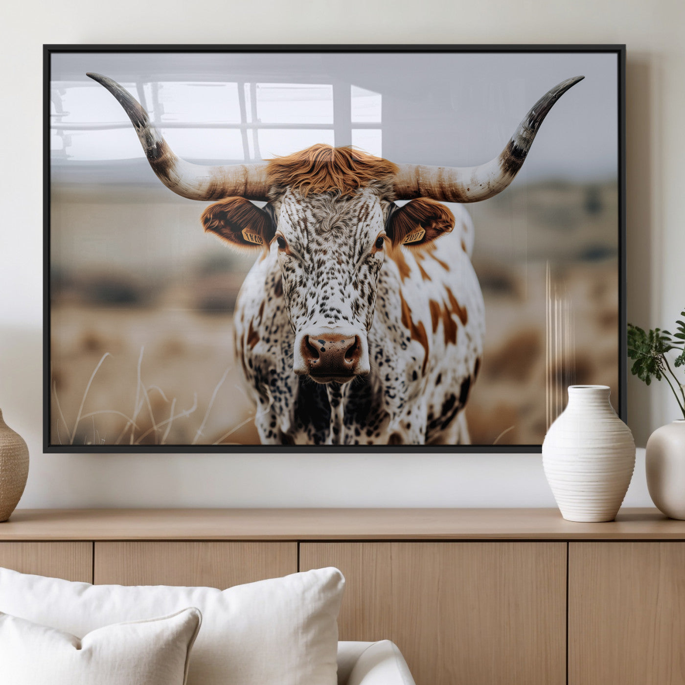 76294381-MGV-FP-36X24-3P_Black-Texas Longhorn Wall Art Canvas Print, Framed Spotted Cow Art Picture Print, Horned Cattle Perfect Rustic Western Decor Artwork
