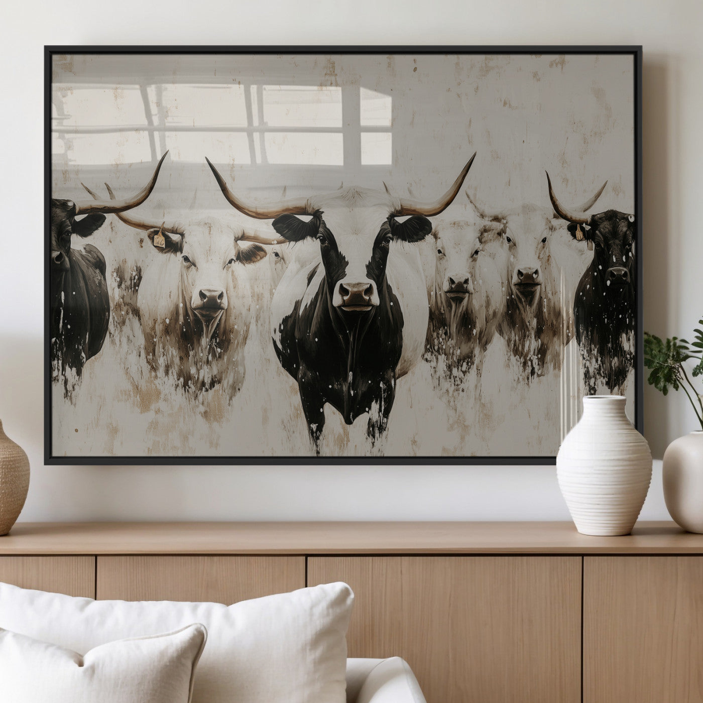 12027562-MGV-FP-36X24-3P_Black-Longhorn Cattle Wall Art Canvas Print, Framed Bison Herd Art Picture Print, Cattle Group Perfect Rustic Farmhouse Decor Artwork