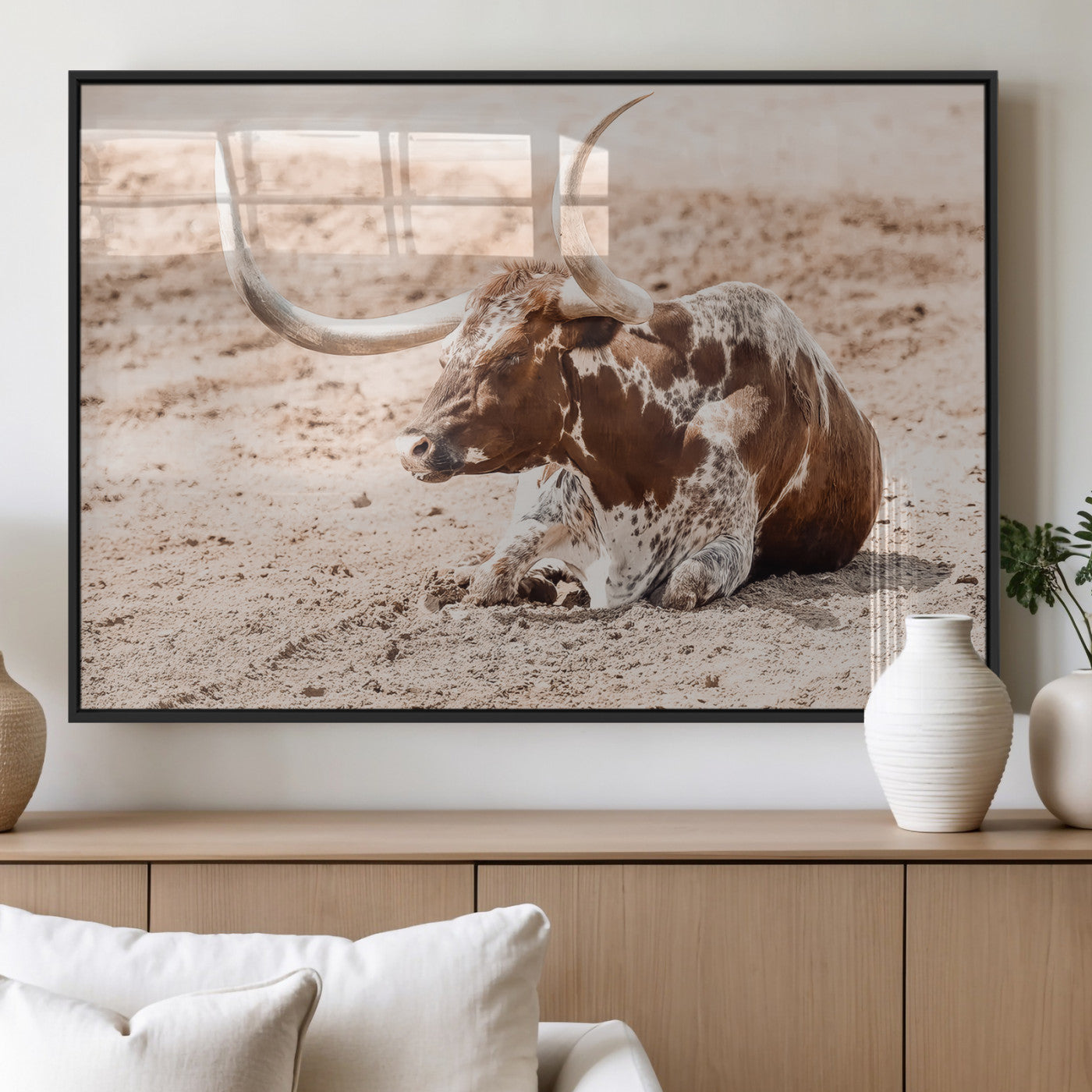 91248682-MGV-FP-36X24-3P_Black-Texas Longhorn Wall Art Canvas Print, Framed Resting Bull Art Picture Print, Spotted Cattle Perfect Rustic Western Decor Artwork