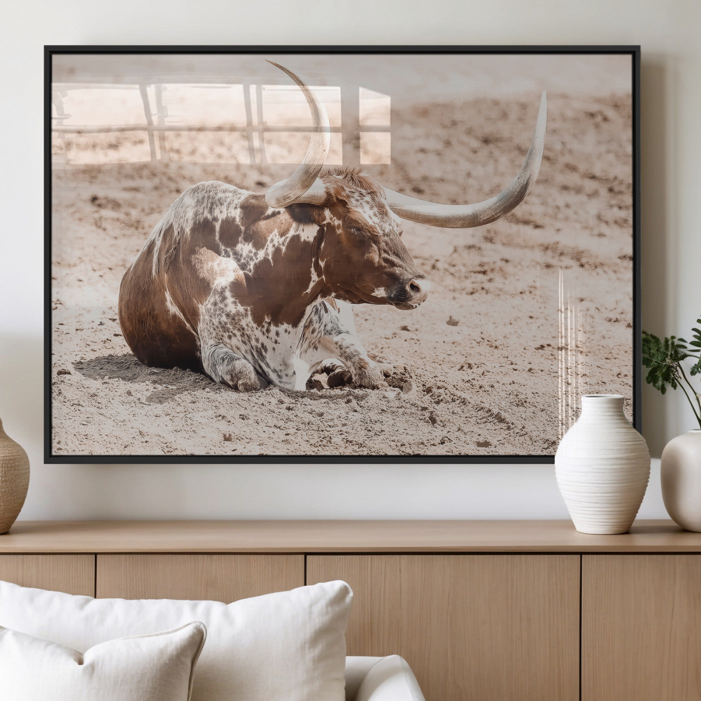 25407592-MGV-FP-60X30-3P_Black-Texas Longhorn Wall Art Canvas Print, Framed Resting Bull Art Picture Print, Spotted Cattle Perfect Rustic Western Decor Artwork