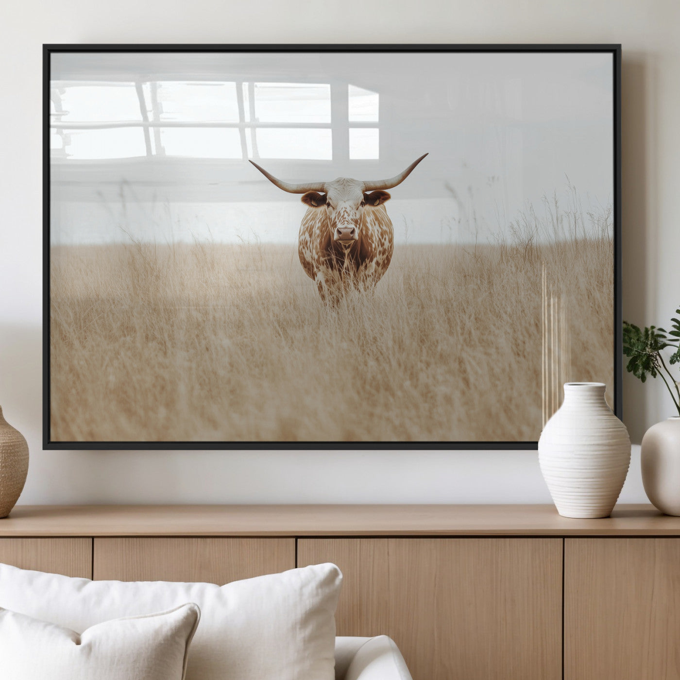 20927060-MGV-FP-36X24-3P_Black-Texas Longhorn Wall Art Canvas Print, Framed Lone Cattle Art Picture Print, Longhorn Bull Perfect Rustic Western Decor Artwork