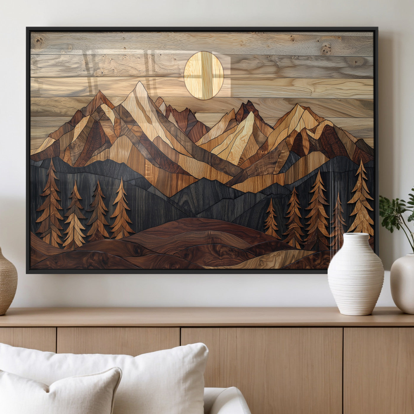 39116082-MGV-FP-60X30-3P_Black-Wood Mountain Landscape Wall Art Canvas Print, Framed Sunset Hills Art Picture Print, Abstract Nature Perfect Boho Decor Artwork