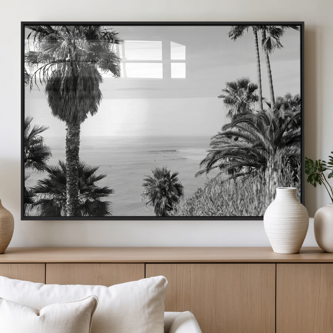 89458520-MGV-FP-60X30-3P_Black-Palm Trees Wall Art Canvas Print, Framed Coastal View Art Picture Print, Ocean Horizon Perfect Monochrome Coast Decor Artwork