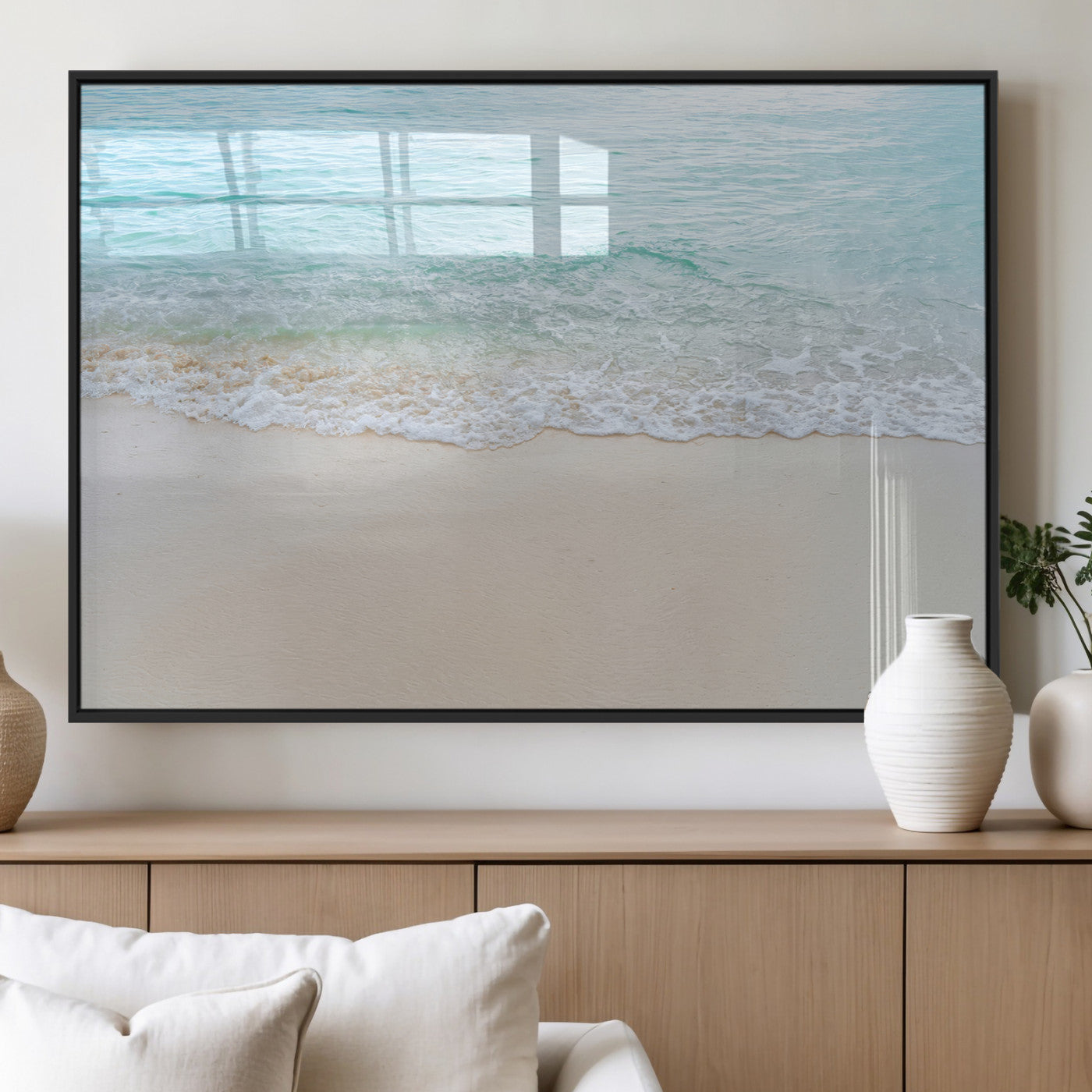77194056-MGV-FP-36X24-3P_Black-Soft Shoreline Wall Art Canvas Print, Framed Gentle Waves Art Picture Print, Clear Water Perfect Minimalist Coastal Decor Artwork