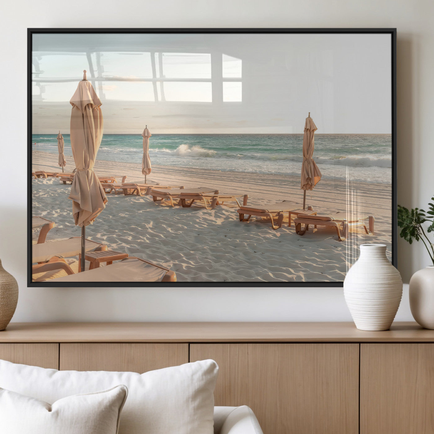 58507949-MGV-FP-60X30-3P_Black-Beach Umbrellas Wall Art Canvas Print, Framed Empty Loungers Art Picture Print, Soft Sand Perfect Minimalist Seaside Decor Artwork