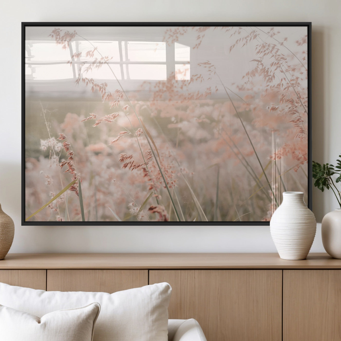 79164340-MGV-FP-36X24-3P_Black-Pastel Grasses Wall Art Canvas Print, Framed Soft Meadow Art Picture Print, Field in Breeze Perfect Pastel Minimal Decor Artwork