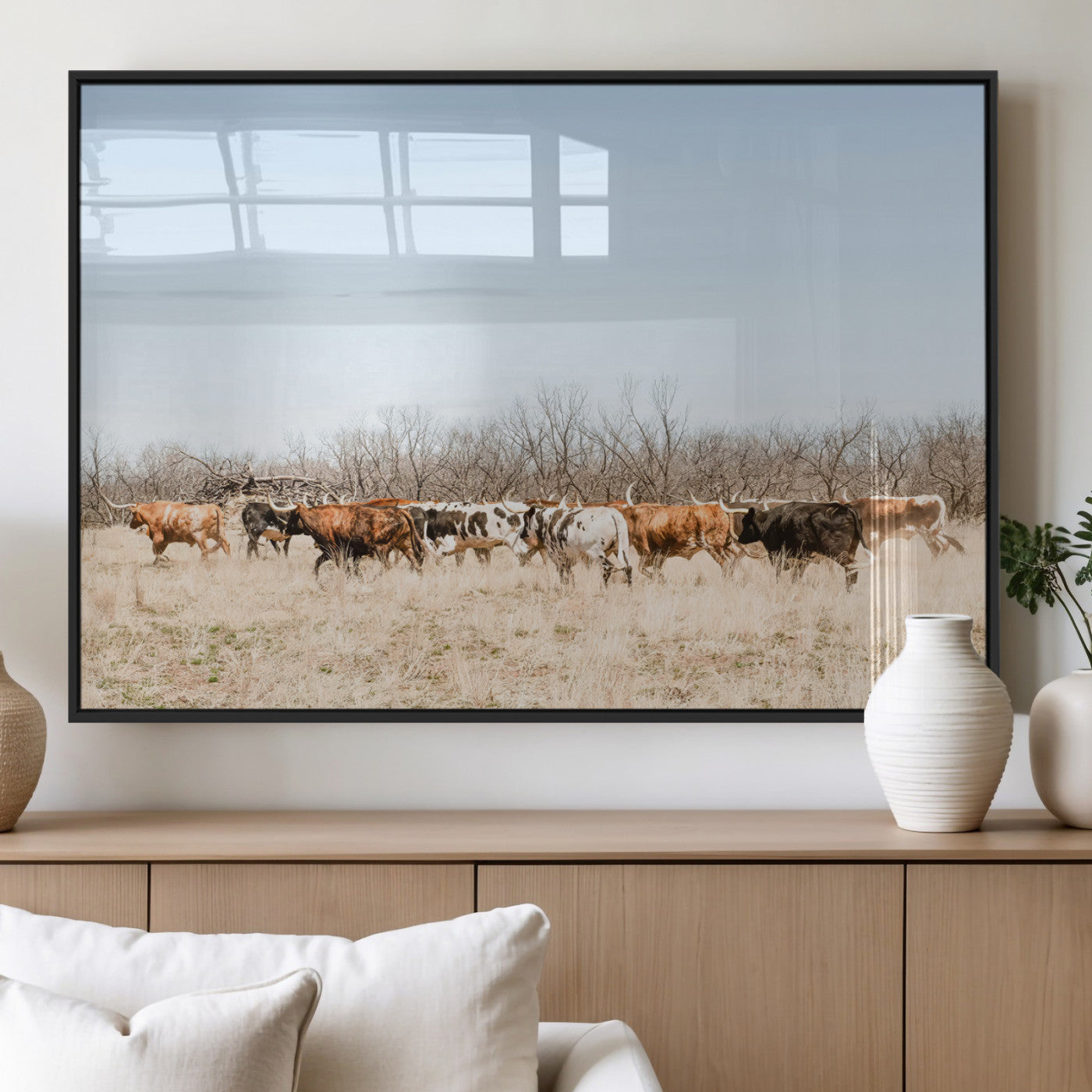 16563092-MGV-FP-60X30-3P_Black-Texas Longhorns Wall Art Canvas Print, Framed Western Cattles Art Picture Print, Rustic Herd Perfect Rustic Farmhouse Decor