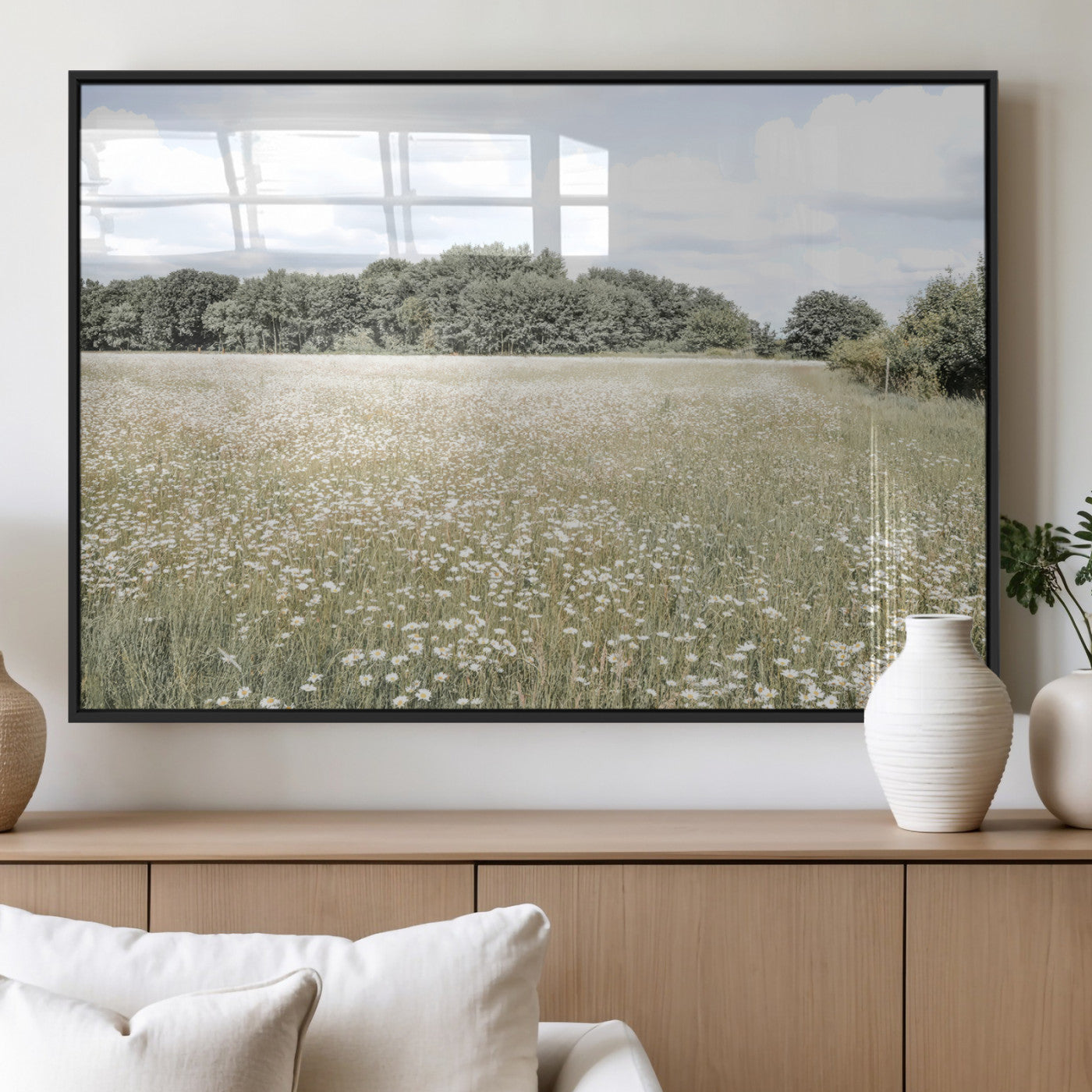 43258946-MGV-FP-36X24-3P_Black-Daisy Field Wall Art Canvas Print, Framed Pastel Flower Art Picture Print, Meadow Bloom Perfect Scandinavian Minimalist Decor
