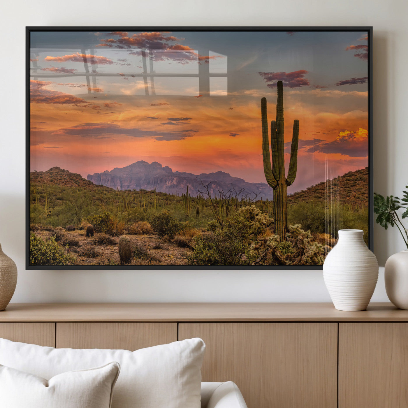 25332783-MGV-FP-60X30-3P_Black-Saguaro Cactus Wall Art Canvas Print, Framed Arizona Sunset Art Picture Print, Sonoran Desert Perfect Southwestern Boho Decor