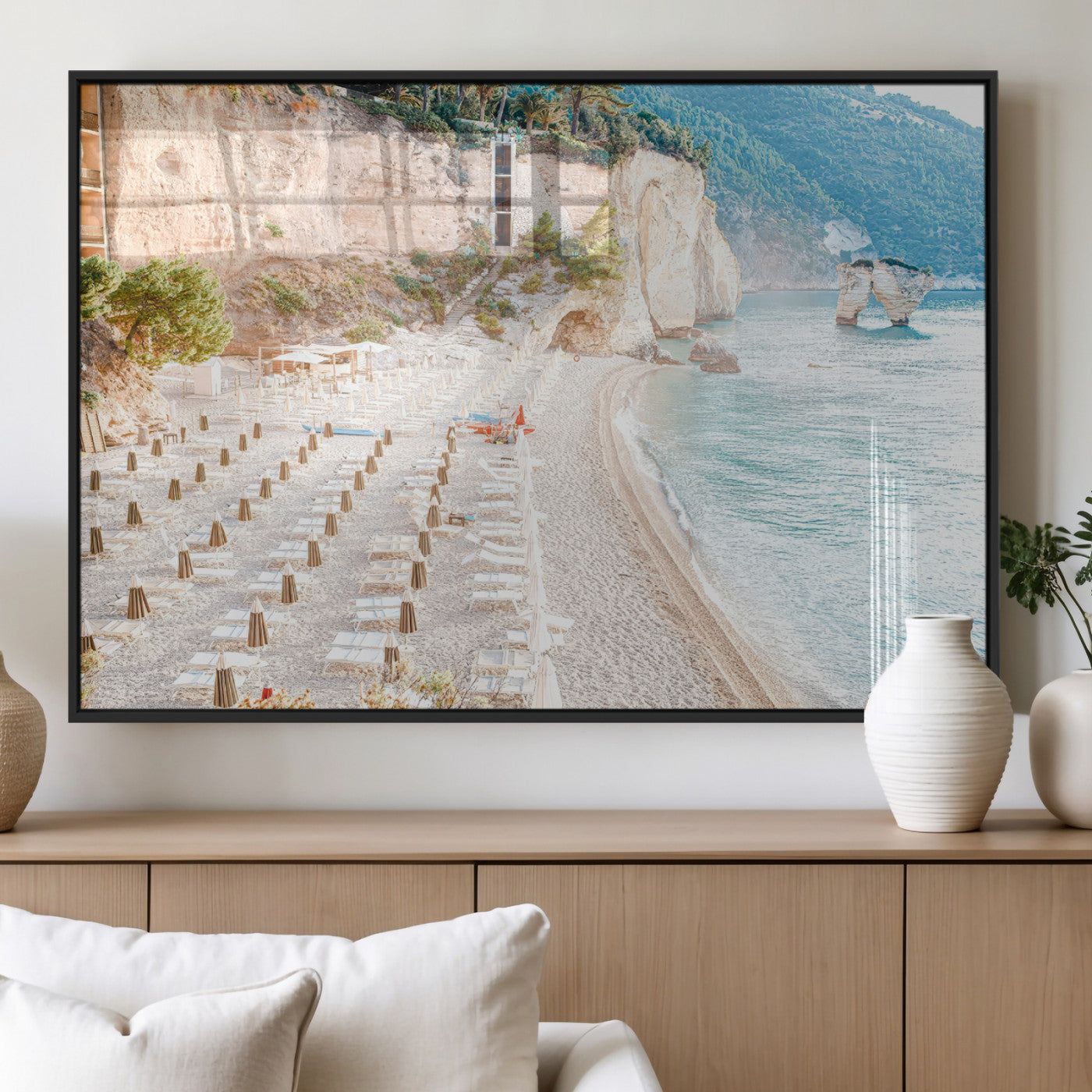 84816639-MGV-FP-36X24-3P_Black-Mediterranean Beach Wall Art Canvas Print, Framed Airy Coastal Art Picture Print, Summer Shore Perfect Coastal Retreat Decor