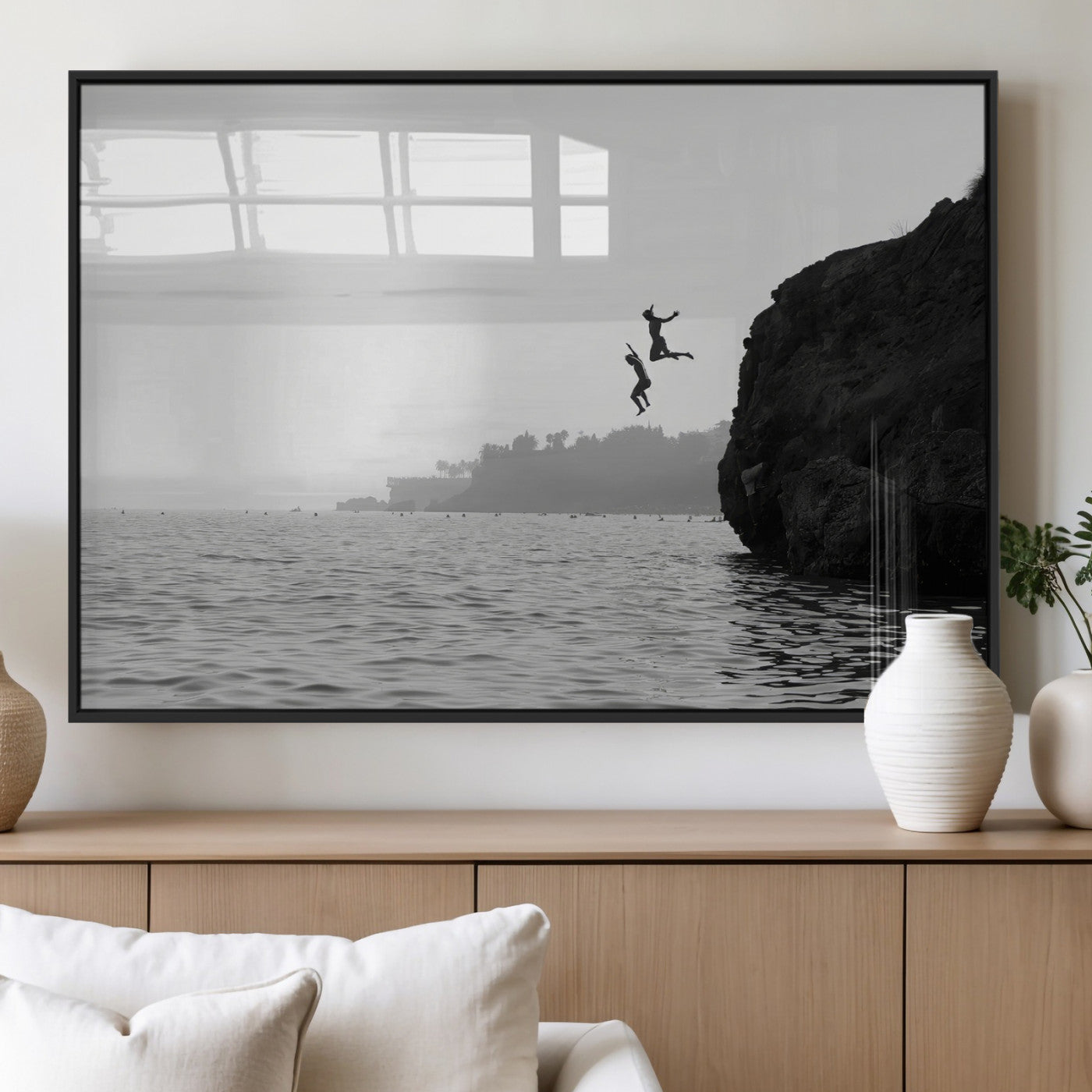 52284302-MGV-FP-60X30-3P_Black-Cliff Jumping Wall Art Canvas Print, Framed Ocean Adventure Art Picture Print, Black White Coast Perfect Modern Coastal Decor