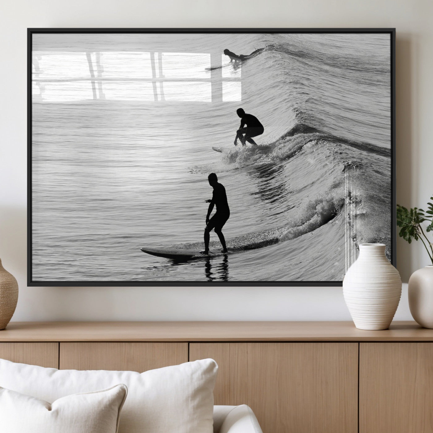 19875284-MGV-FP-36X24-3P_Black-Surfer Waves Wall Art Canvas Print, Framed Black White Surf Art Picture Print, Monochrome Ocean Perfect Modern Coastal Decor