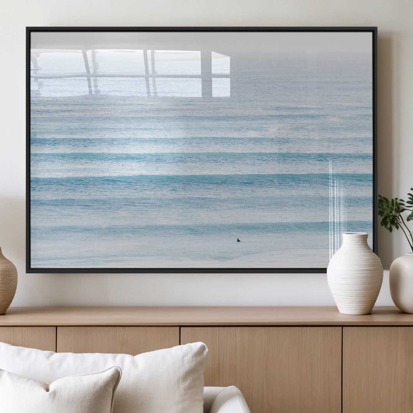77145995-MGV-FP-36X24-3P_Black-Ocean Simplicity Wall Art Canvas Print, Framed Surfer on Water Art Picture Print, Light Blue Perfect Coastal Minimalist Decor