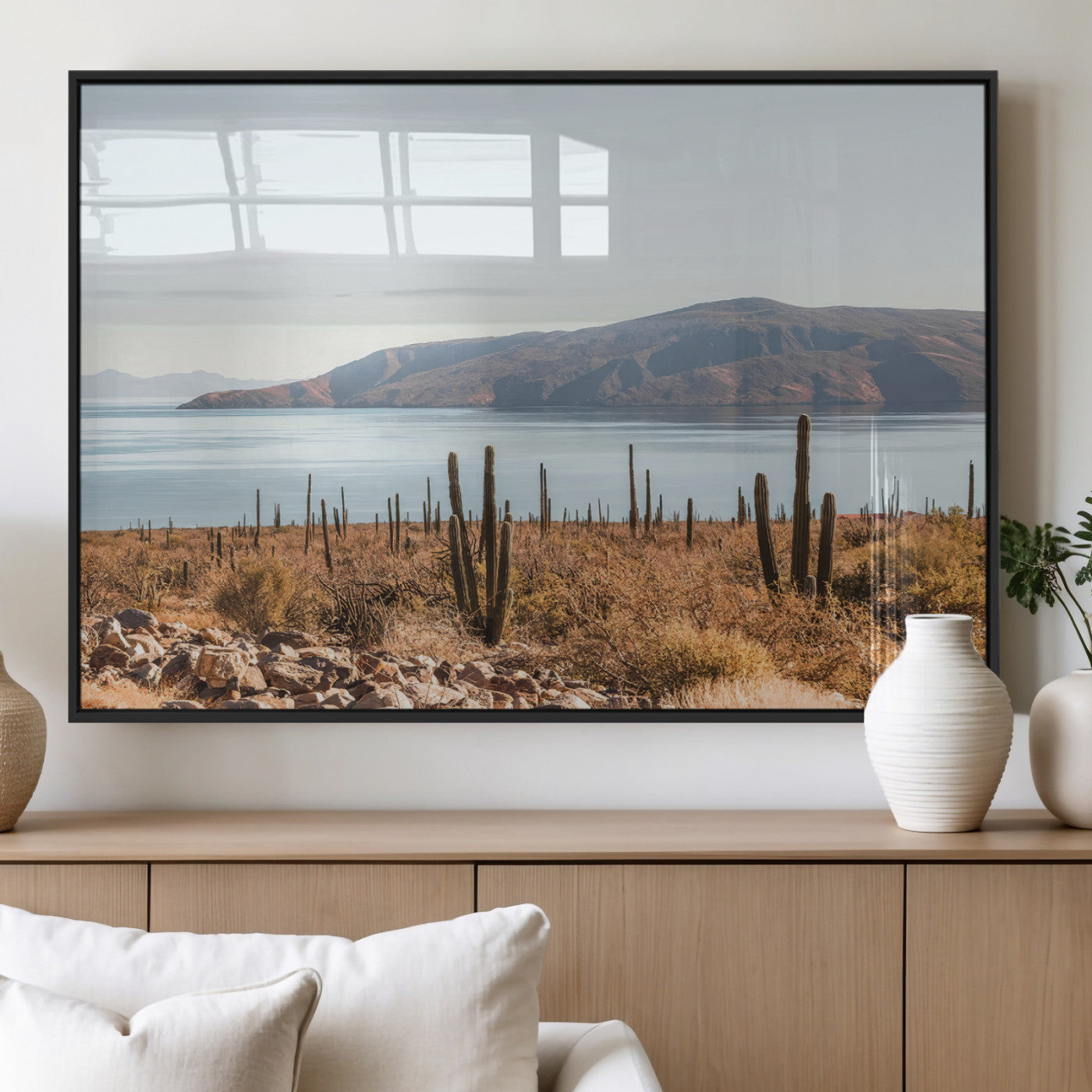 45193515-MGV-FP-36X24-3P_Black-Desert Cactus Wall Art Canvas Print, Framed Baja Coastline Art Picture Print, Coastal Desert Perfect Southwestern Minimalist Decor