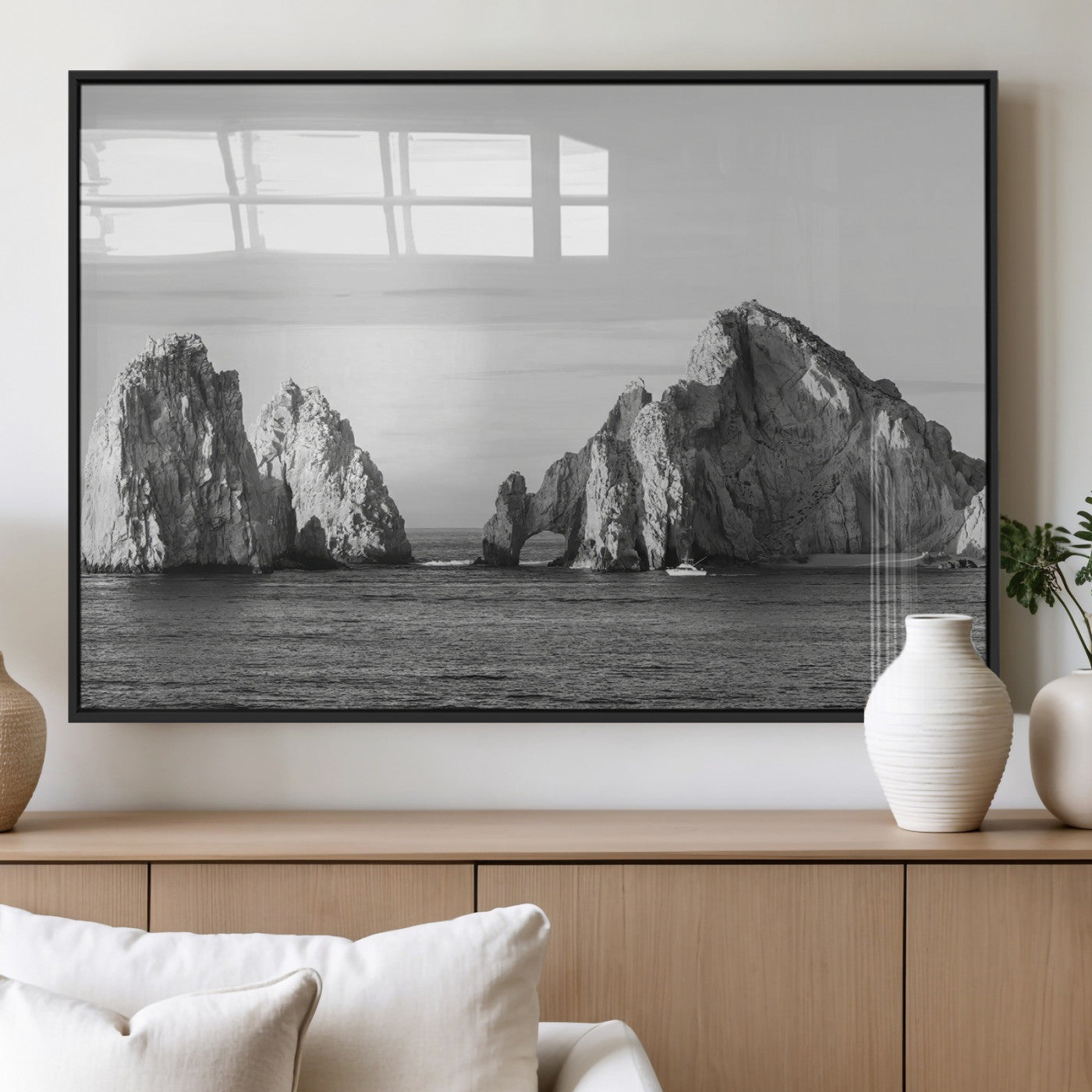 18810731-MGV-FP-36X24-3P_Black-Rugged Coastline Wall Art Canvas Print, Framed Ocean Cliffs Art Picture Print, Monochrome Seascape Perfect Coastal Minimalist