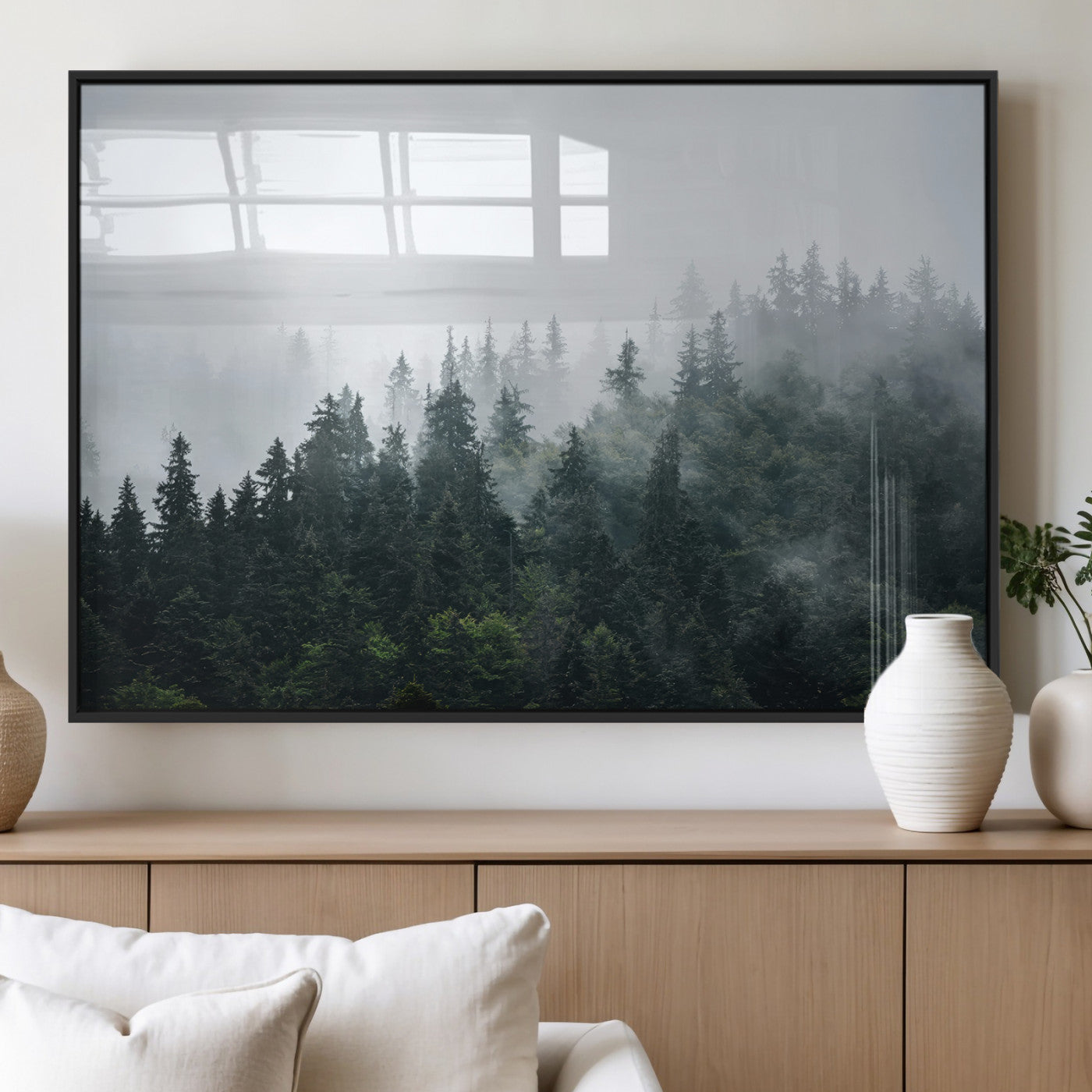 84146572-MGV-FP-36X24-3P_Black-Foggy Pine Trees Wall Art Canvas Print, Framed Forest Nature Art Picture Print, Evergreen Forest Perfect Scandinavian Minimalist