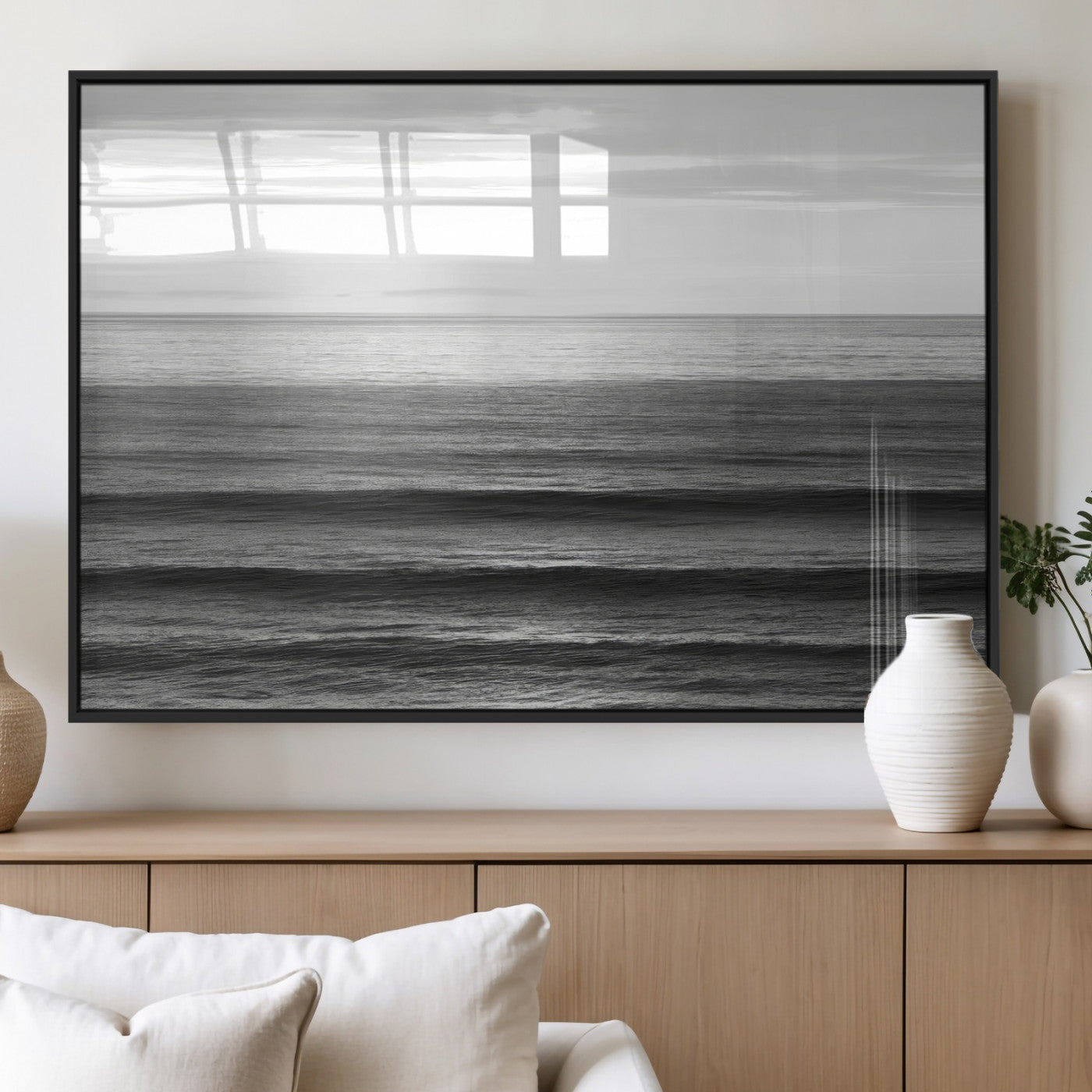 47305203-MGV-FP-36X24-3P_Black-Monochrome Ocean Wall Art Canvas Print, Framed Moody Ocean Art Picture Print, Calm Ocean Perfect Minimalist Coastal Decor Artwork