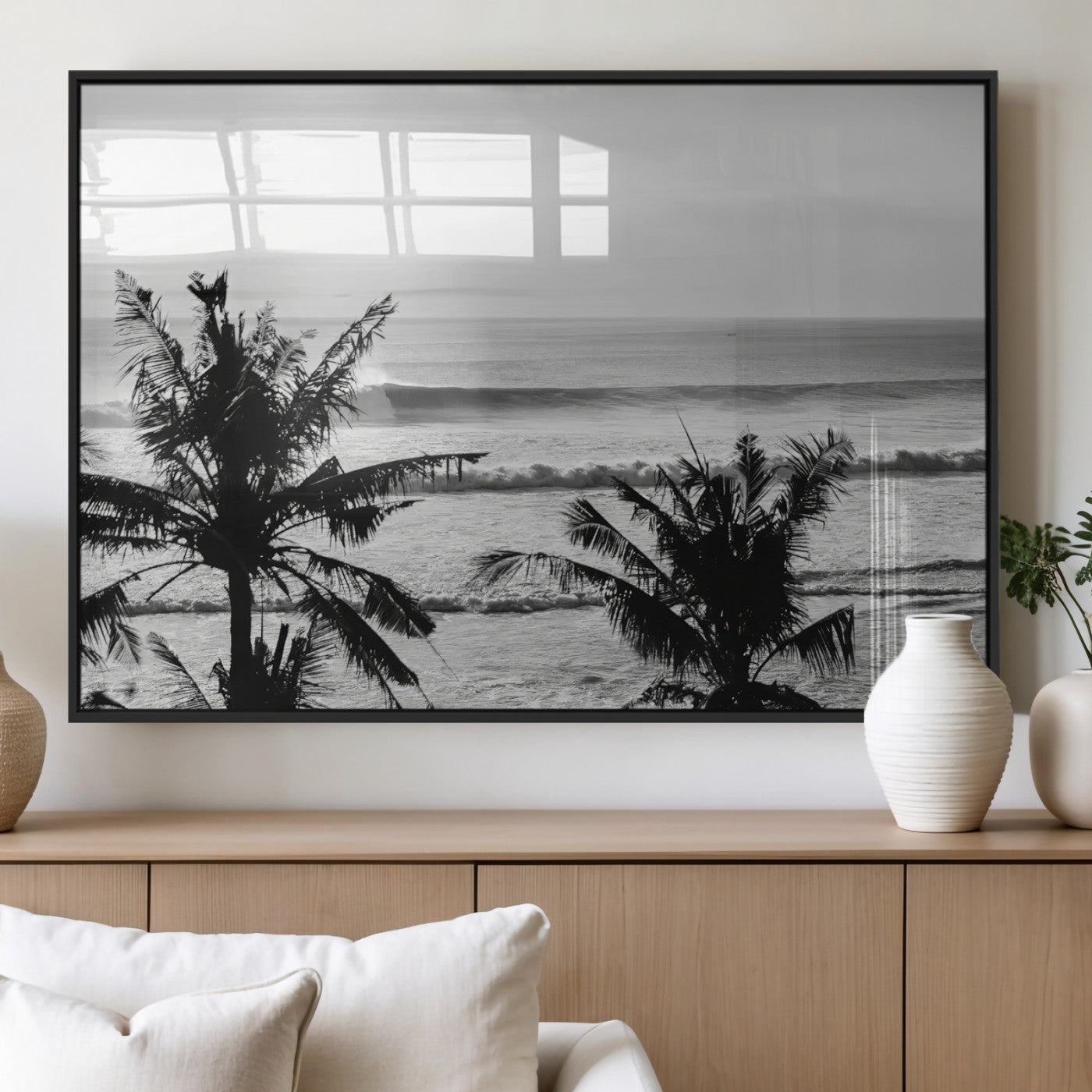 17508038-MGV-FP-36X24-3P_Black-Tropical Coastline Wall Art Canvas Print, Framed Palm Trees Art Picture Print, Ocean Waves Perfect Minimalist Coastal Decor