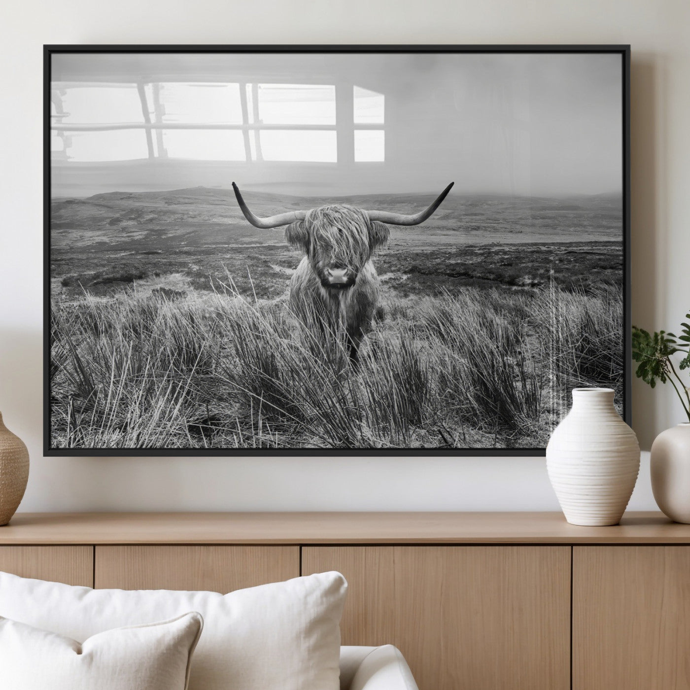 24051061-MGV-FP-60X30-3P_Black-Monochrome Highland Cow Wall Art Canvas Print, Framed Scottish Bull Art Picture Print, Lone Cattle Perfect Rustic Farmhouse Decor