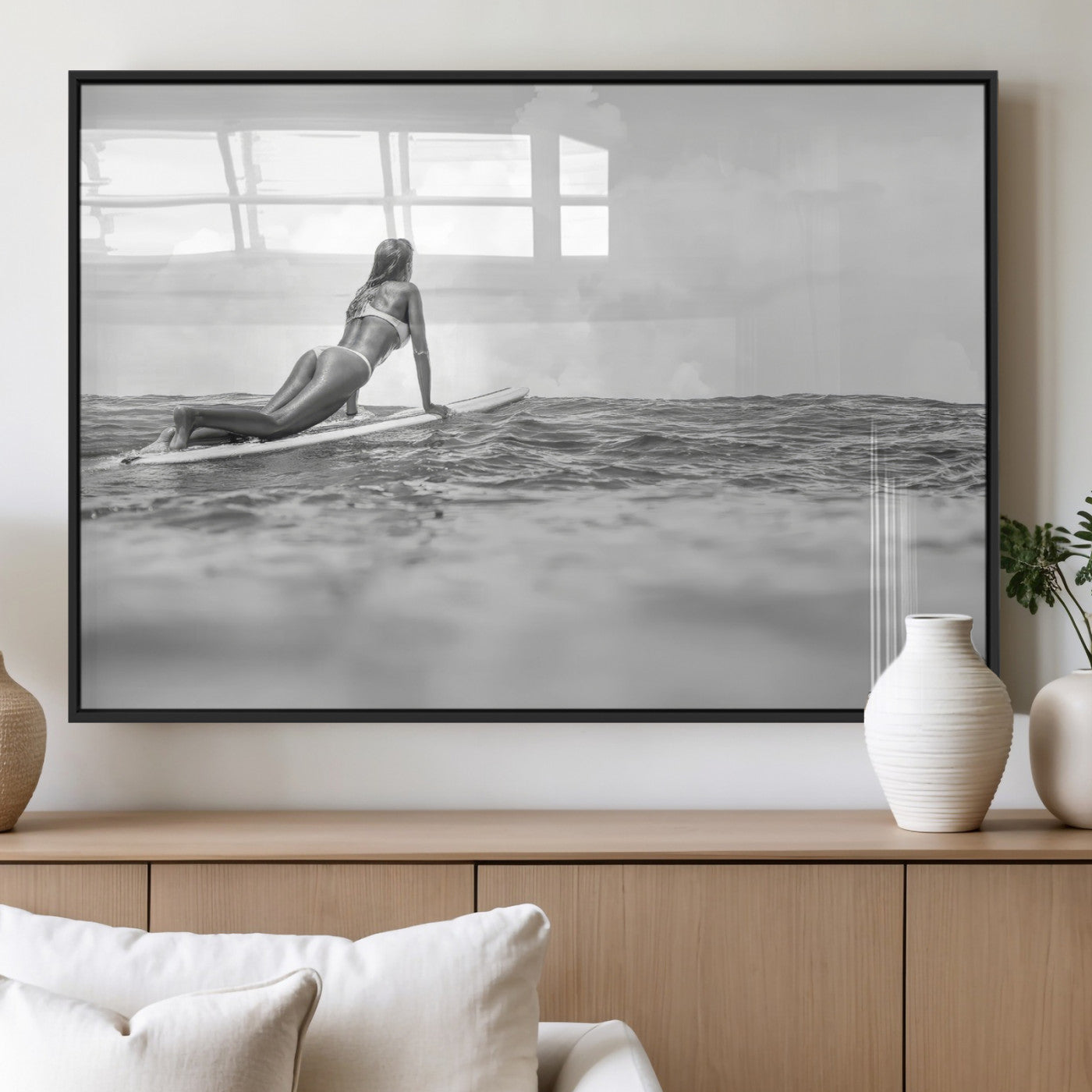 69798068-MGV-FP-36X24-3P_Black-Black White Surfing Wall Art Canvas Print, Framed Ocean Horizon Art Picture Print, Surfer Girl Perfect Coastal Adventure Decor