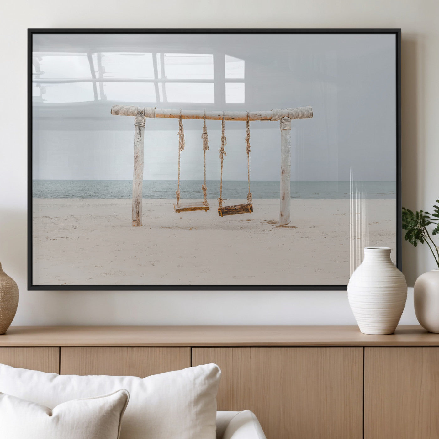 68327283-MGV-FP-36X24-3P_Black-Beach Swing Wall Art Canvas Print, Framed Quiet Beach Art Picture Print, Calm Shoreline Perfect Bohemian Coastal Decor Artwork