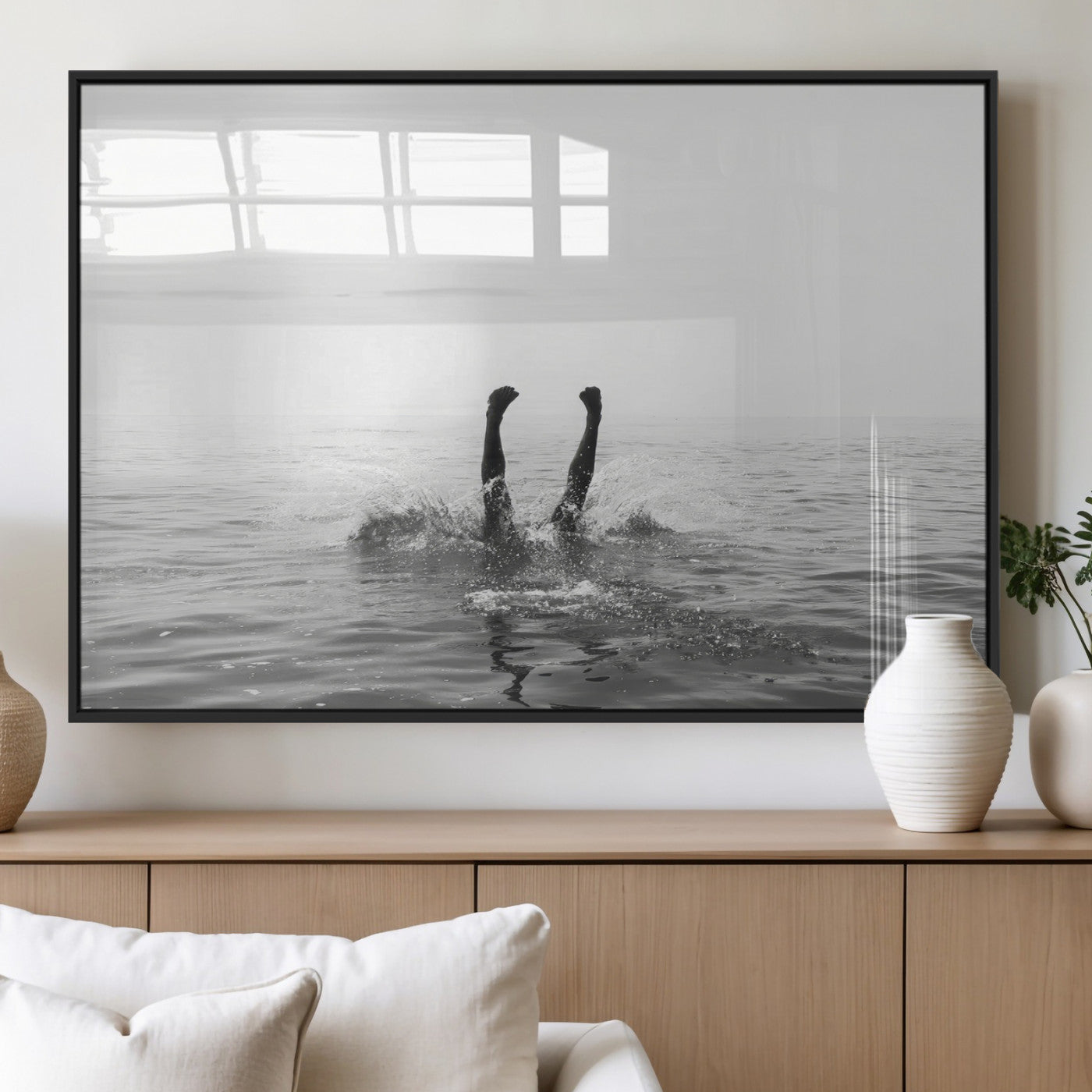 26667396-MGV-FP-60X30-3P_Black-Black White Ocean Wall Art Canvas Print, Framed Monochrome Water Art Picture Print, Diving into Water Perfect Minimalist Aquatic