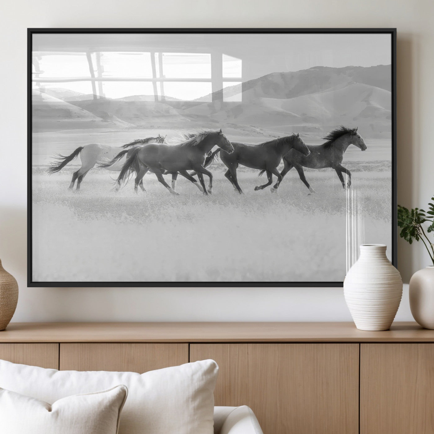 69934913-MGV-FP-60X30-3P_Black-Wild Horses Running Wall Art Canvas Print, Framed Black White Mustangs Art Picture Print, Rustic Western Perfect Rustic Western