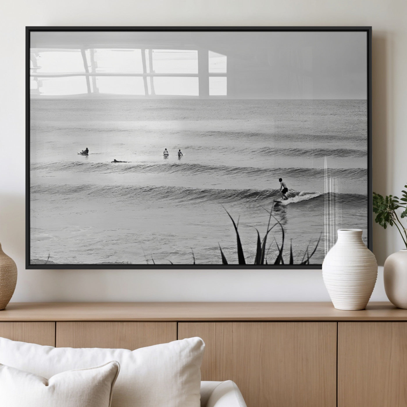 33821421-MGV-FP-60X30-3P_Black-Surfer Silhouette Wall Art Canvas Print, Framed Calm Ocean Art Picture Print, Monochrome Surf Perfect Minimalist Coastal Decor