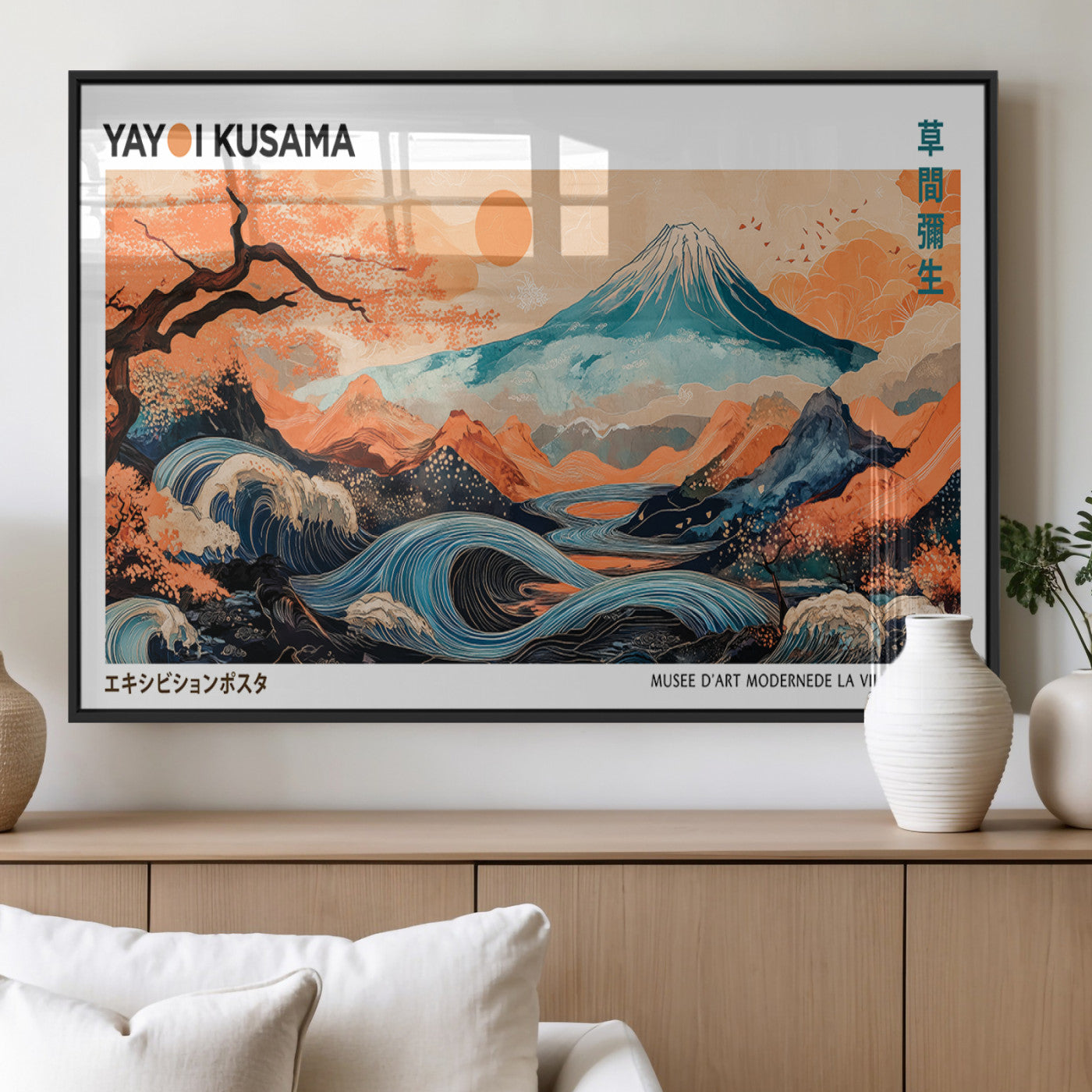 88785870-MGV-FP-36X24-3P_Black-Japanese Great Wave & Mt Fuji Wall Art – Ukiyo e Style Landscape Print with Flowing River, Autumn Mountain Poster, Oriental Asian