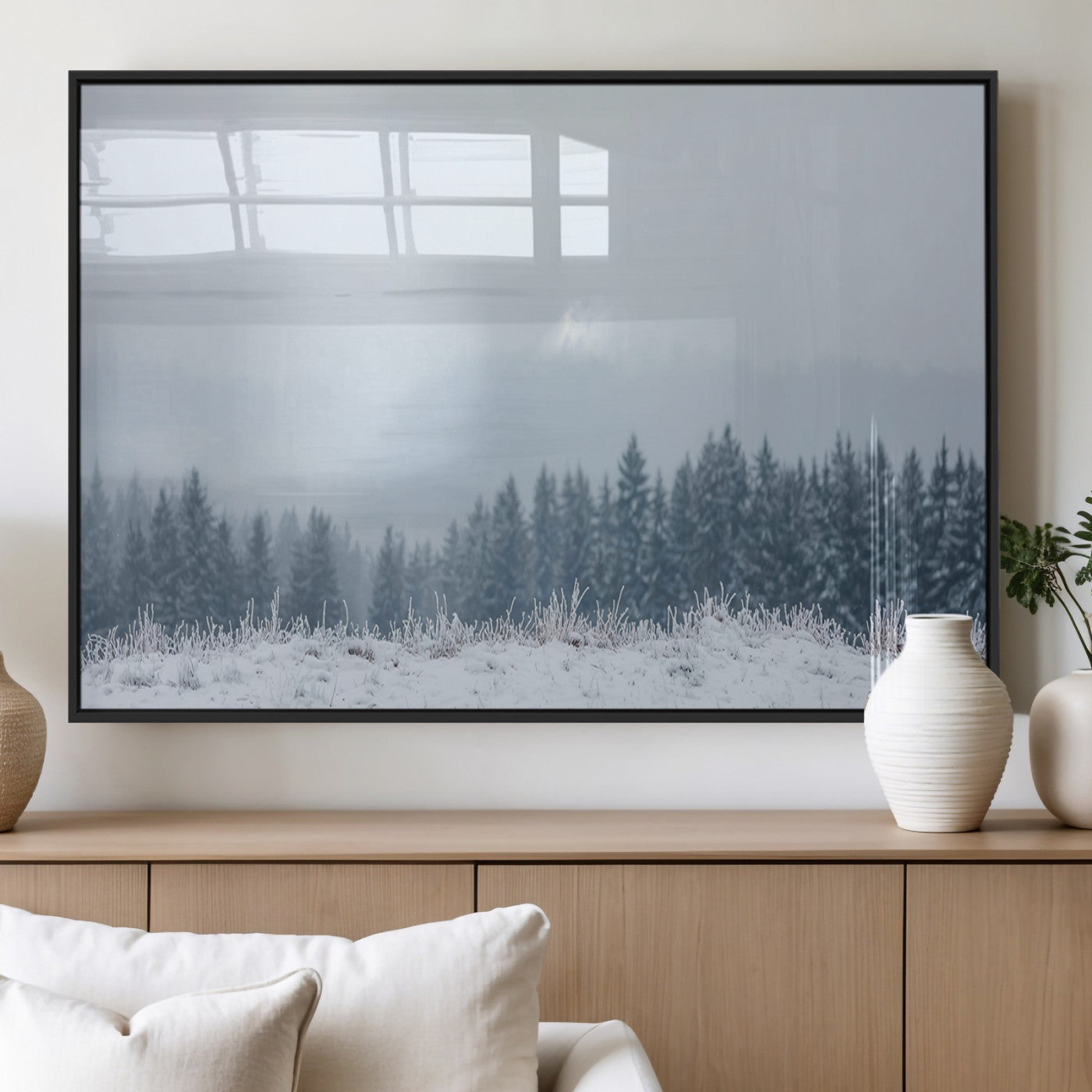 33033082-MGV-FP-36X24-3P_Black-Winter Forest Art Wall Art Canvas Print, Framed Snowy Landscape Art Picture Print, Misty Tree Scene Perfect Nordic Minimalist