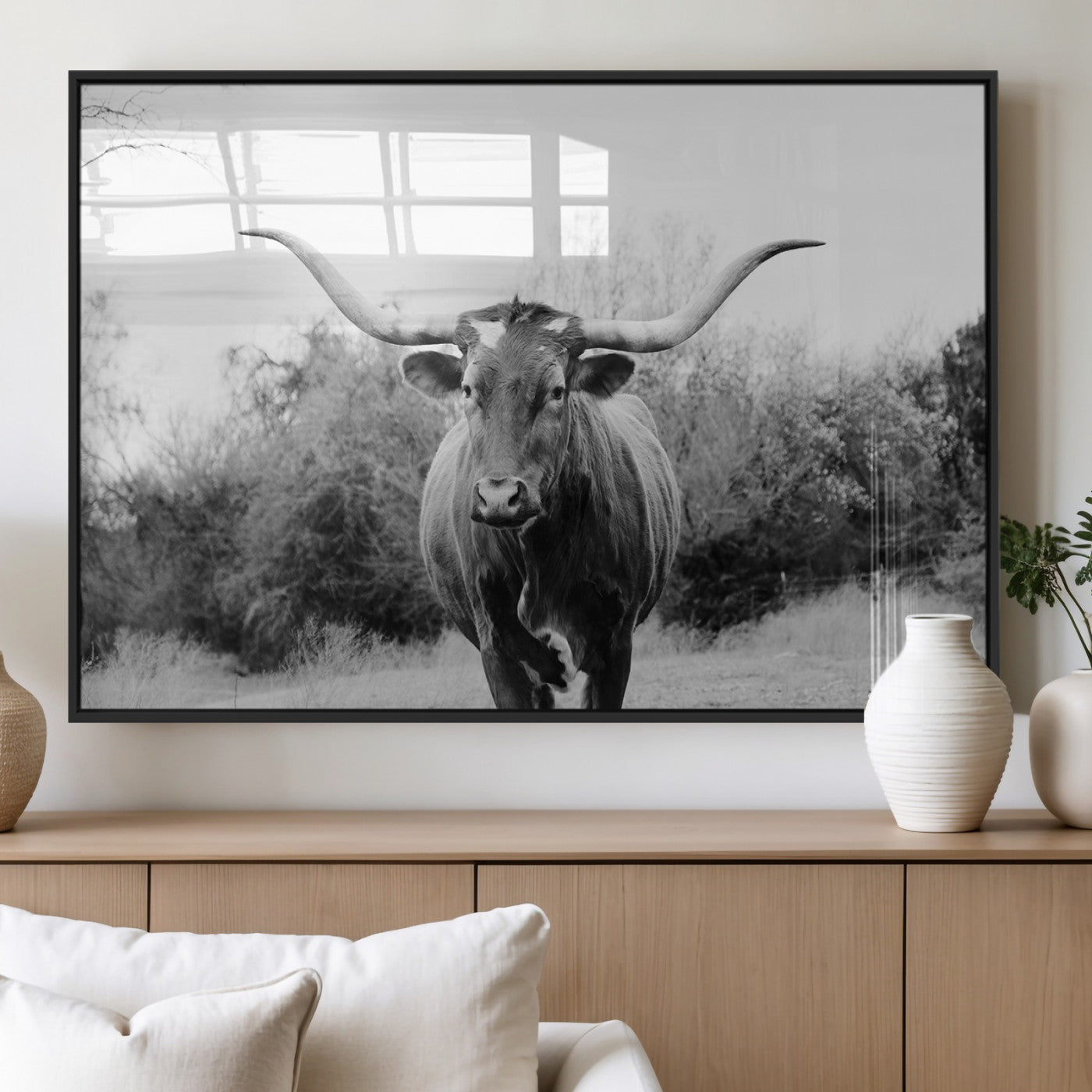 97280319-MGV-FP-36X24-3P_Black-Longhorn Photography Wall Art Canvas Print, Framed Western Cow Decor Art Picture Print, Texas Ranch Style Perfect Rustic Farmhouse