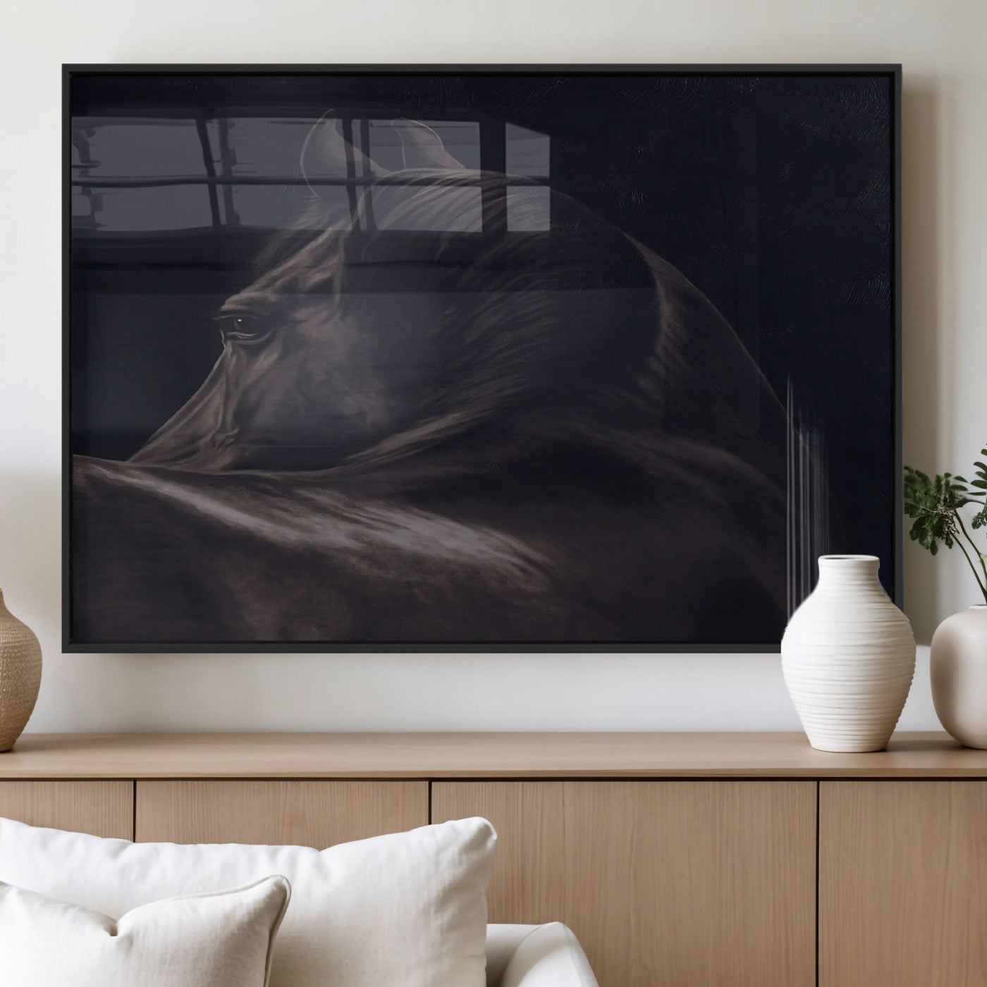 67026880-MGV-FP-60X30-3P_Black-Black Horse Portrait Wall Art Canvas Print, Framed Moody Horse Decor Art Picture Print, Equestrian Wall Style Perfect Masculine