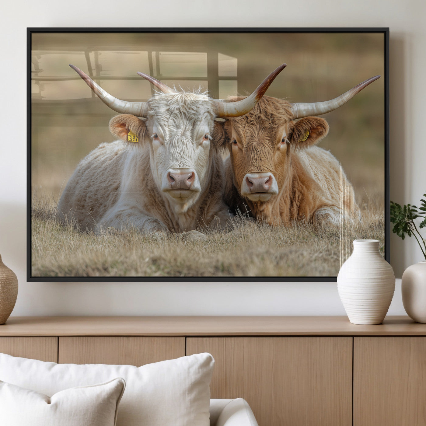 53388593-MGV-FP-60X30-3P_Black-Cow Photography Wall Art Canvas Print, Framed Rustic Animal Decor Art Picture Print, Texas Cow Pair Perfect Western Farmhouse