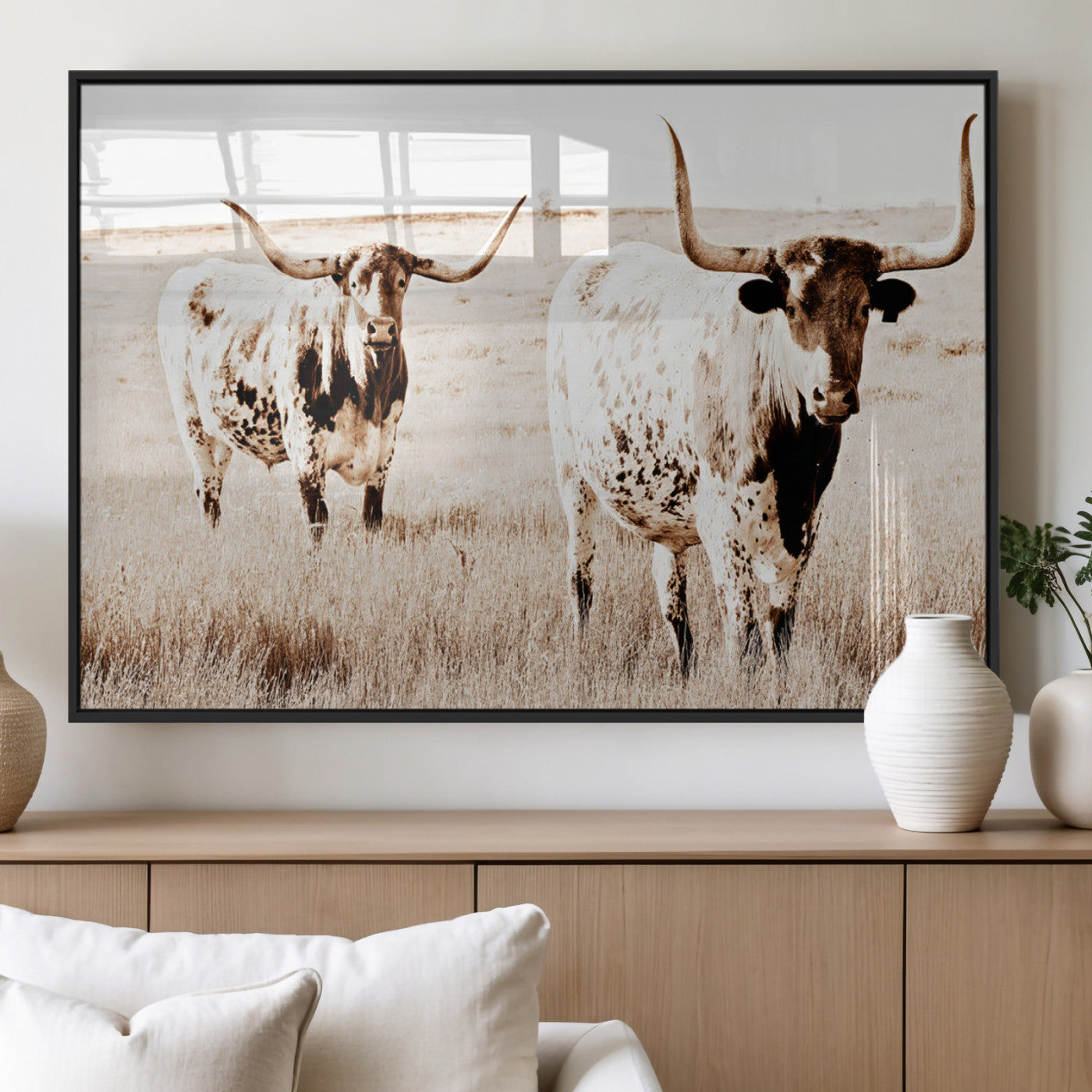 39672786-MGV-FP-60X30-3P_Black-Rustic Cow Scene Wall Art Canvas Print, Framed Farmhouse Style Cattle Art Picture Print, Prairie Animal Duo Perfect Rustic Western
