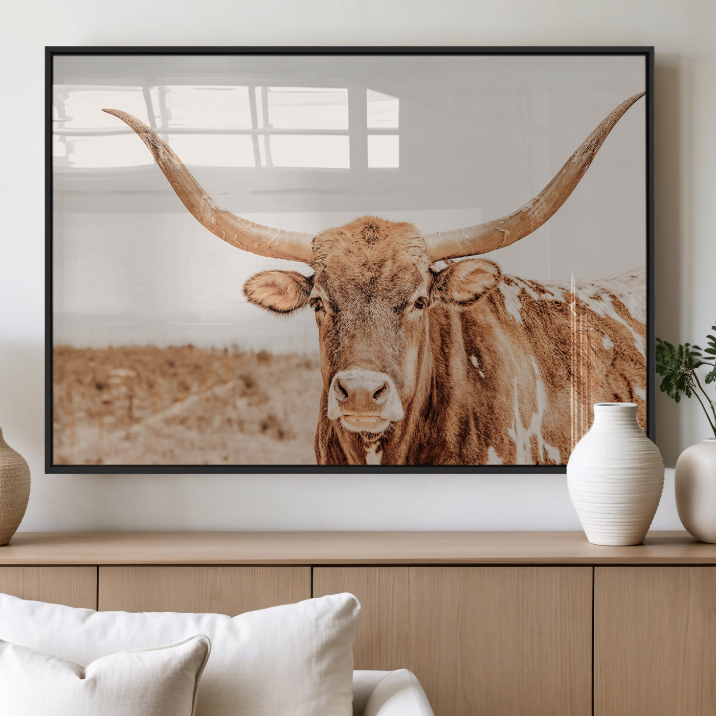 74406977-MGV-FP-60X30-3P_Black-Longhorn Bull Decor Wall Art Canvas Print, Framed Western Cow Theme Art Picture Print, Rustic Farmhouse Wall Perfect Neutral
