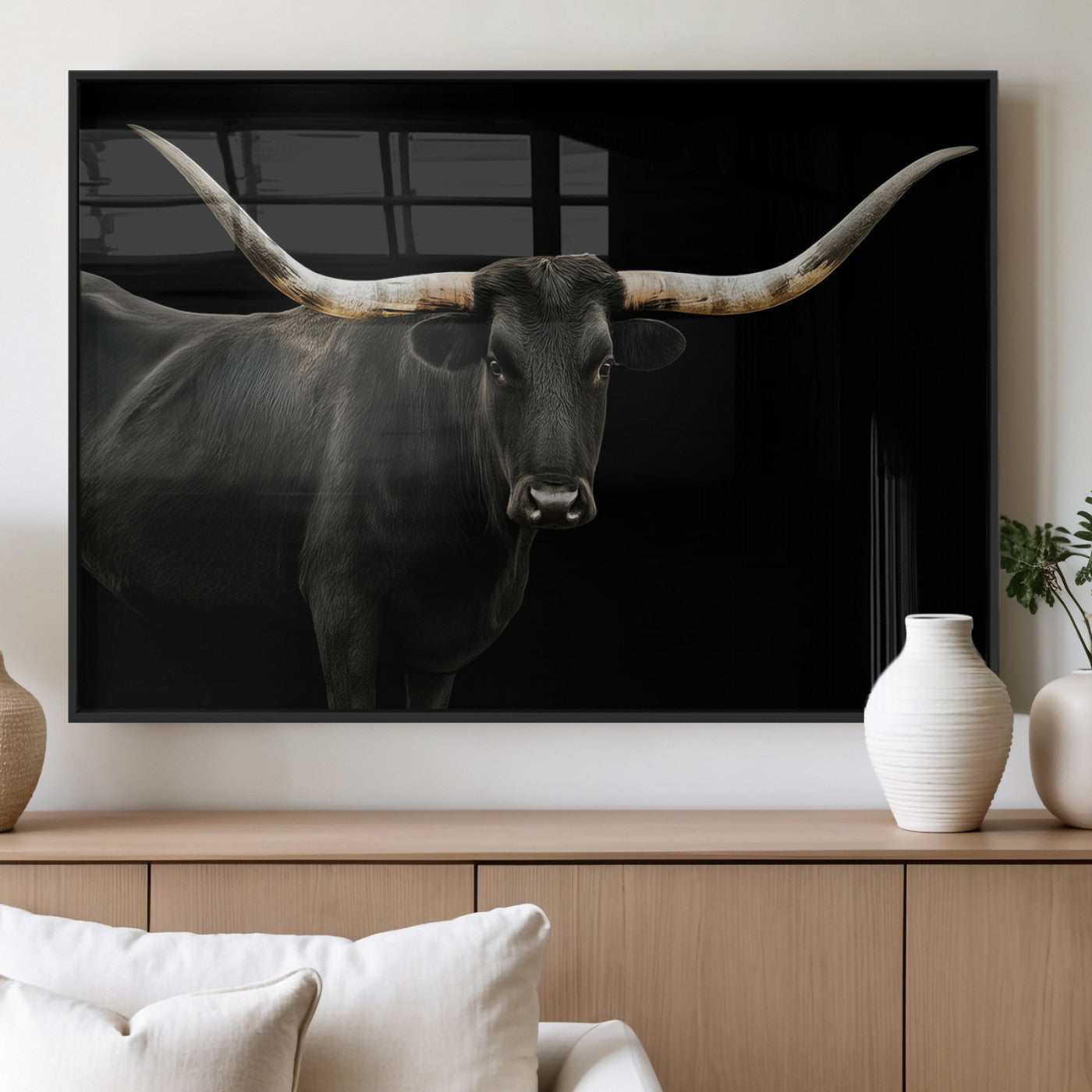 23572907-MGV-FP-60X30-3P_Black-Texas Longhorn Wall Art Canvas Print, Framed Rustic Western Decor Art Picture Print, Farmhouse Animal Perfect Modern Western