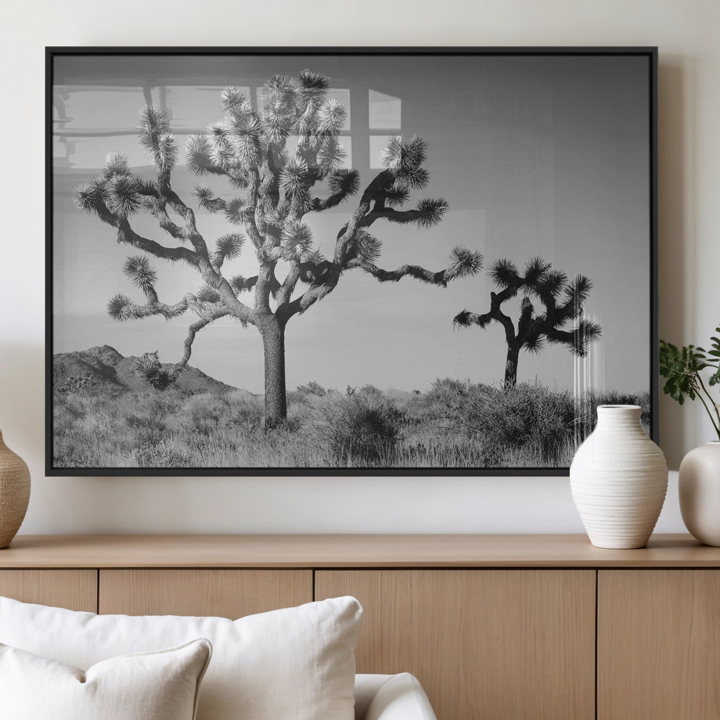 93692513-MGV-FP-36X24-3P_Black-Joshua Tree Wall Art Canvas Print, Framed Monochrome Desert Art Picture Print, Minimalist Nature Scene Perfect Southwestern