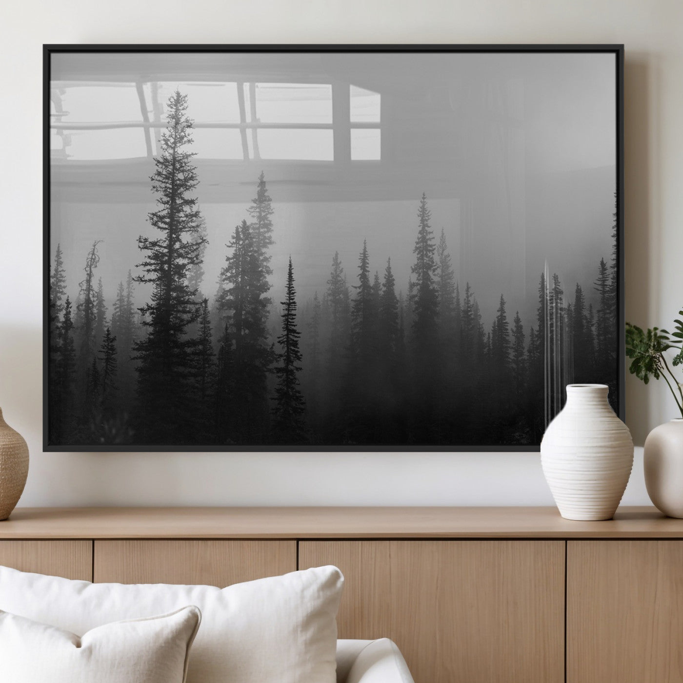 73138900-MGV-FP-36X24-3P_Black-Misty Pines Wall Art Canvas Print, Framed Woodland Photography Art Picture Print, Minimalist Decor Perfect Modern Rustic Decor