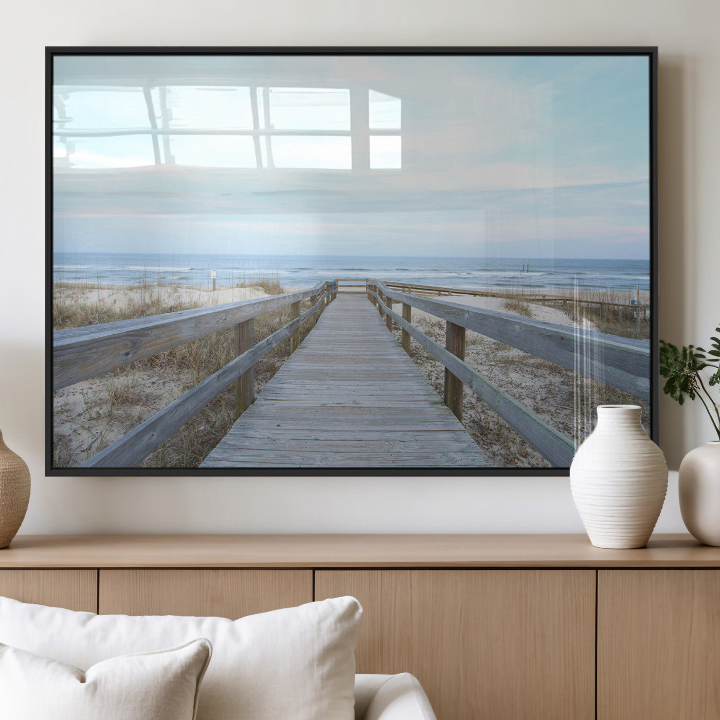 31602988-MGV-FP-36X24-3P_Black-Beach Boardwalk Wall Art Canvas Print, Framed Coastal Serenity Art Picture Print, Ocean View Perfect Coastal Minimalist Decor