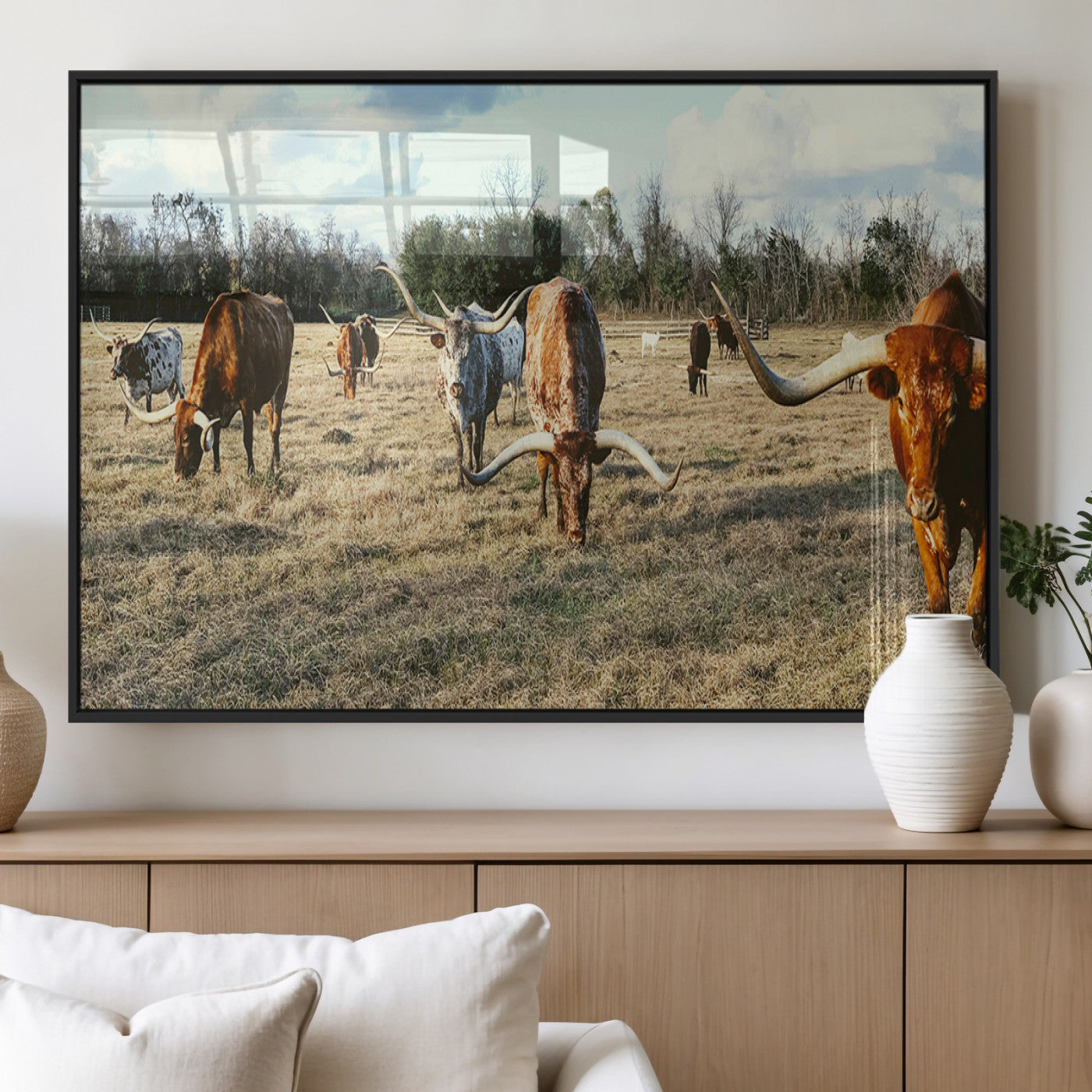 39144651-MGV-FP-36X24-3P_Black-Texas Longhorns Wall Art Canvas Print, Framed Rustic Farm Scene Art Picture Print, Western Cattle Perfect Rustic Farmhouse Decor