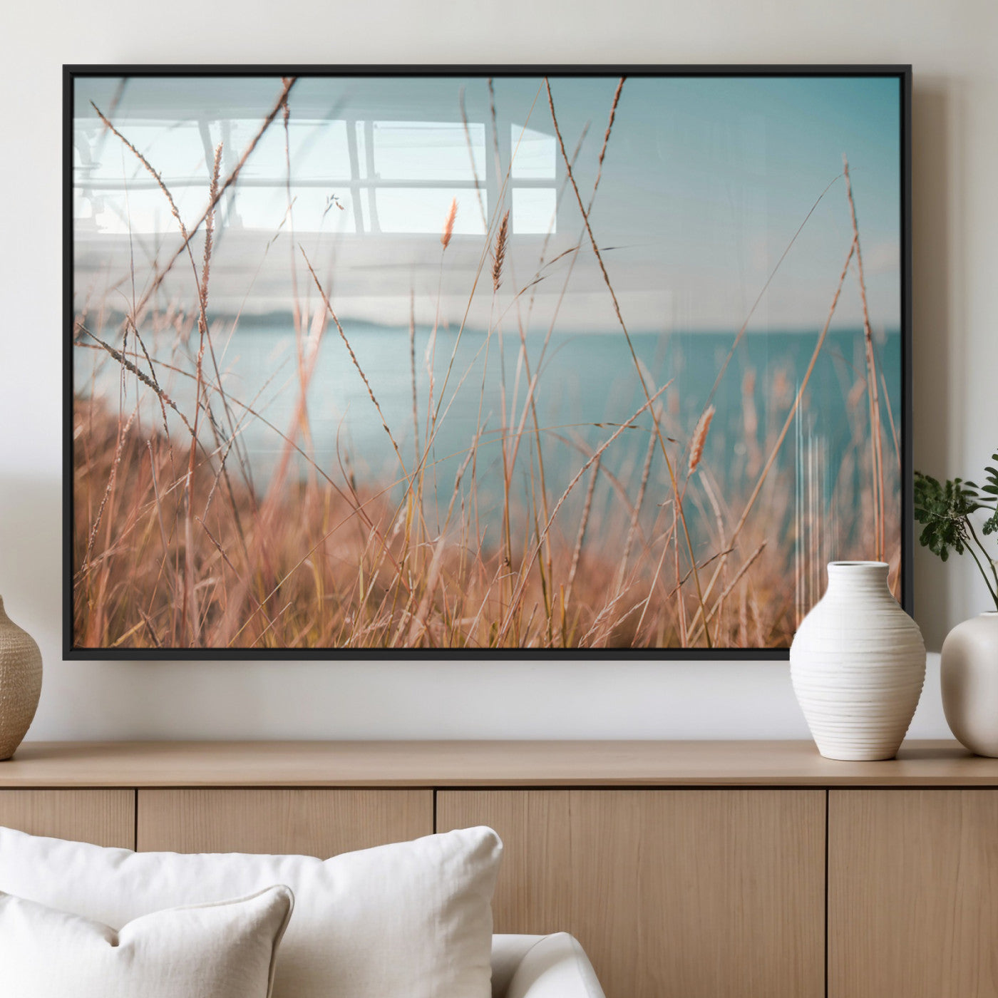 36108696-MGV-FP-36X24-3P_Black-Coastal Grass Wall Art – Serene Ocean View Canvas Print, Beach Nature Photography Decor for Living Room, Bedroom, Office or Modern