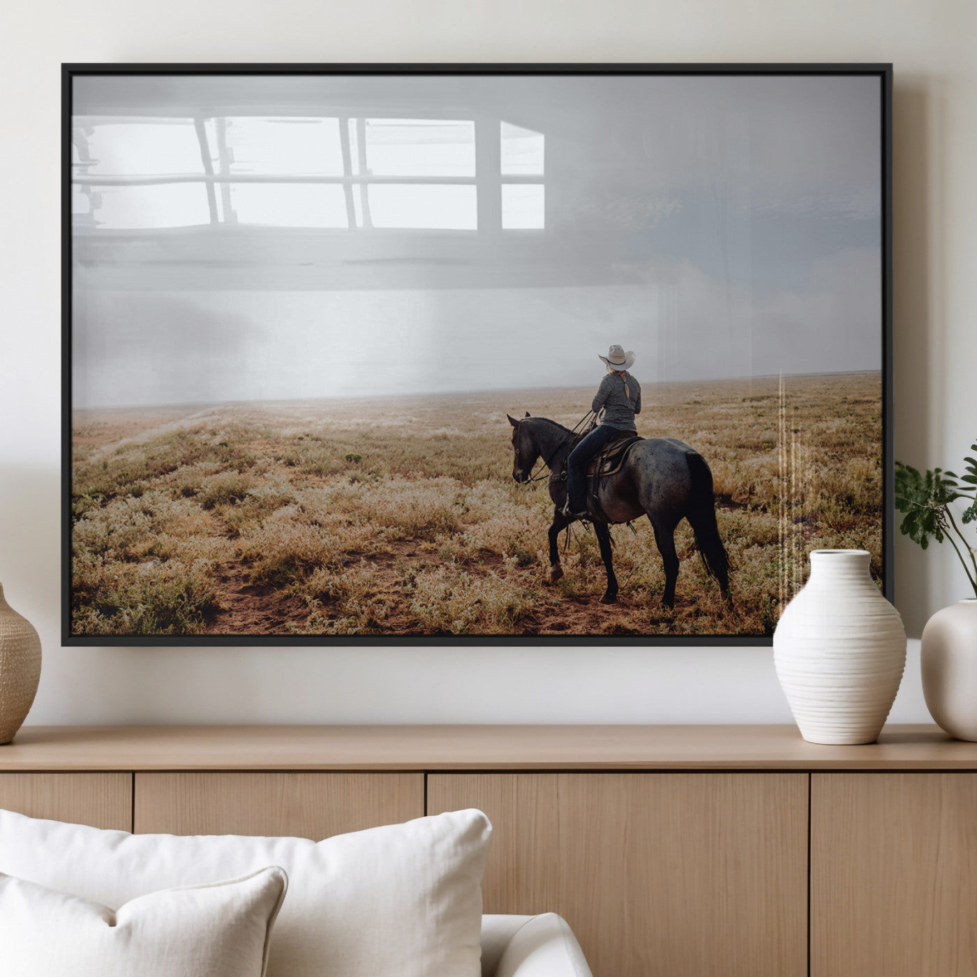 57597730-MGV-FP-36X24-3P_Black-Cowboy Wall Art Wall Art Canvas Print, Framed Western Canvas Art Picture Print, Rustic Ranch Scene Perfect Rustic Western Decor
