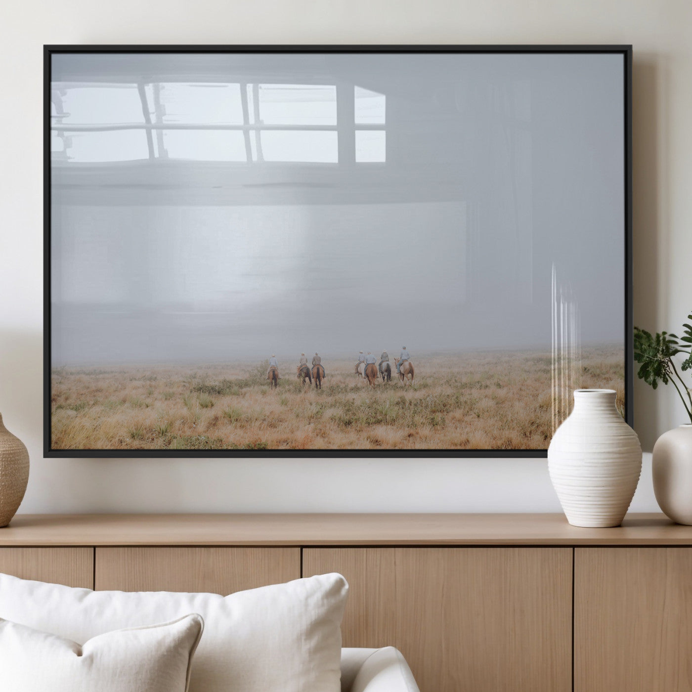 14761944-MGV-FP-36X24-3P_Black-Foggy Plains Wall Art Canvas Print, Framed Horseback Riders Art Picture Print, Rustic Western Perfect Rustic Western Decor Artwork